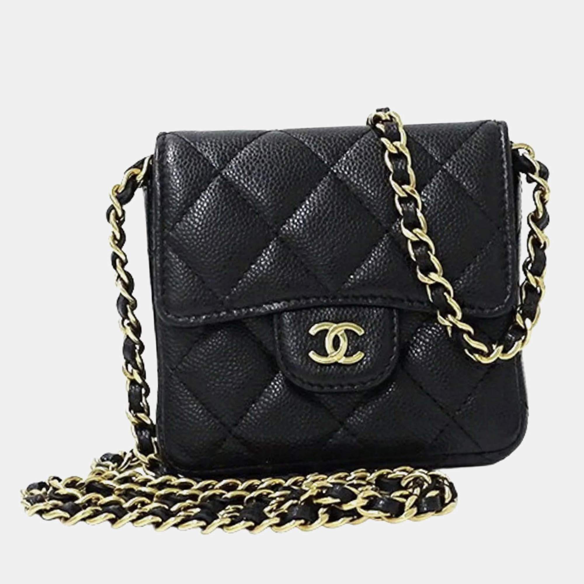 Chanel Pouch Matelasse Shoulder Caviar Skin Black Chain Coin Case