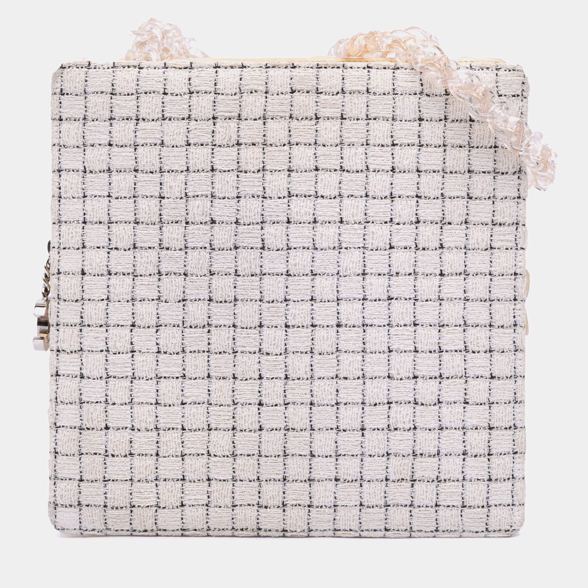 Chanel Brown/White Small Tweed and Resin Zipped Shopping Bag