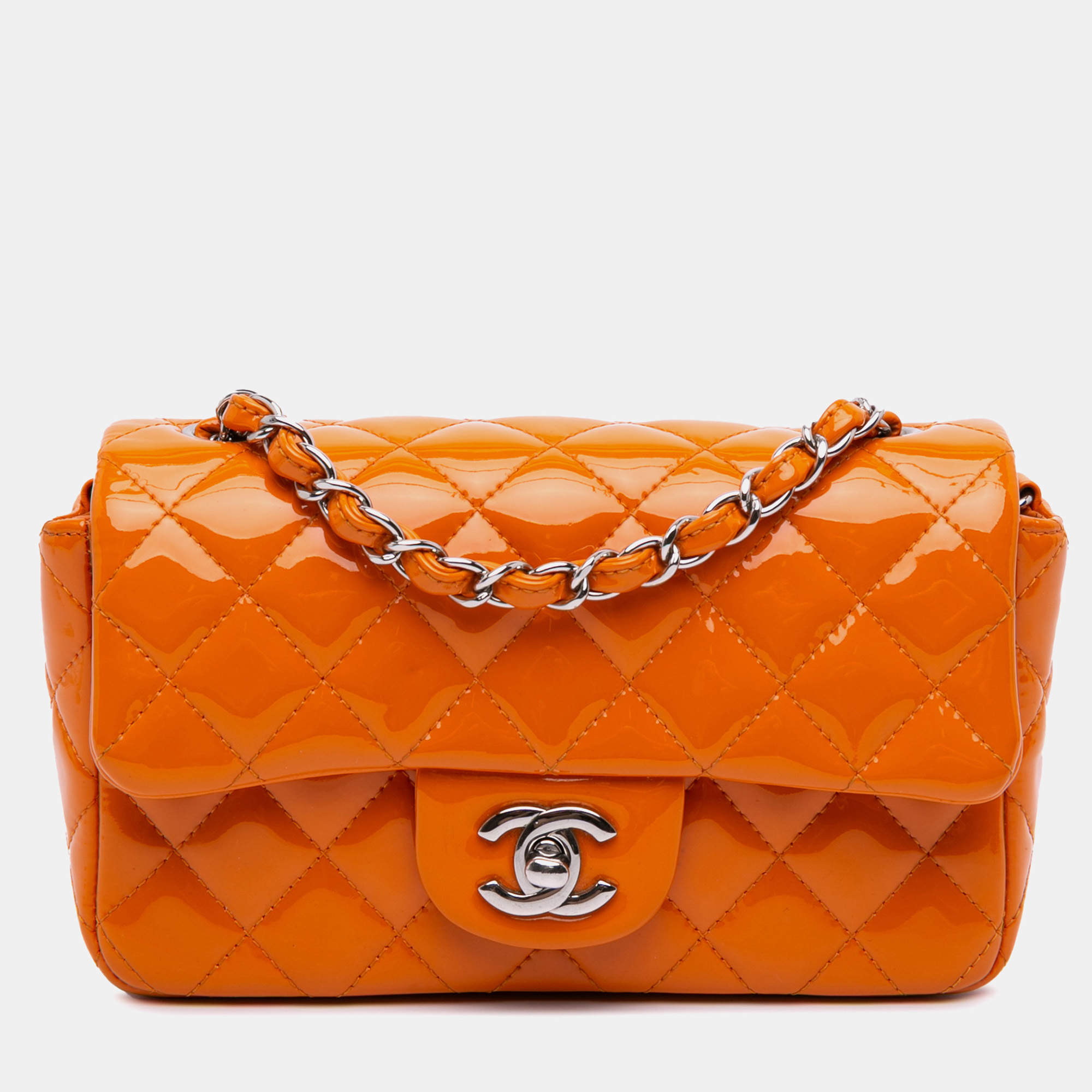 Chanel Orange Mini Rectangular Classic Patent Single Flap