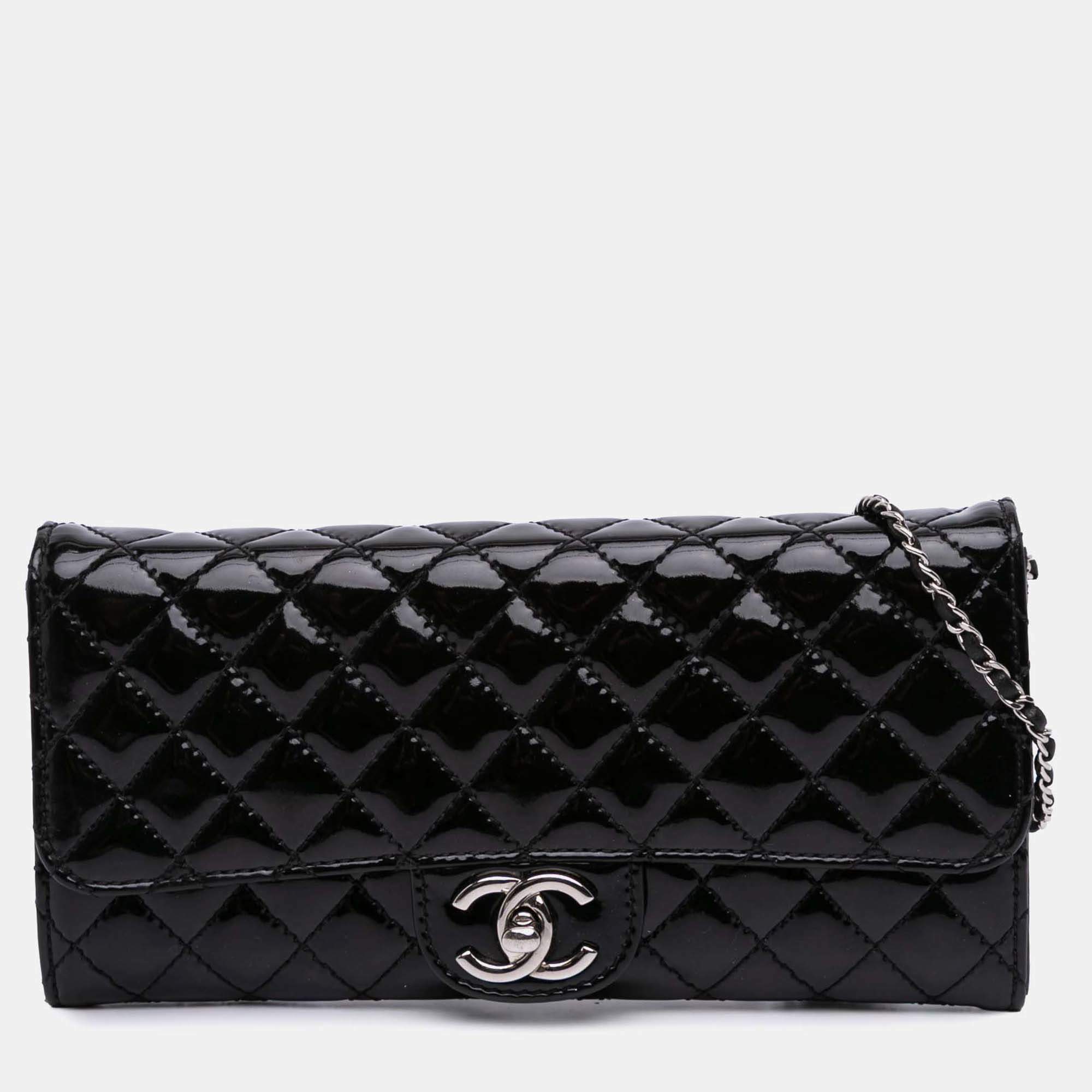 Chanel Black Quilted Patent East West Wallet On Chain