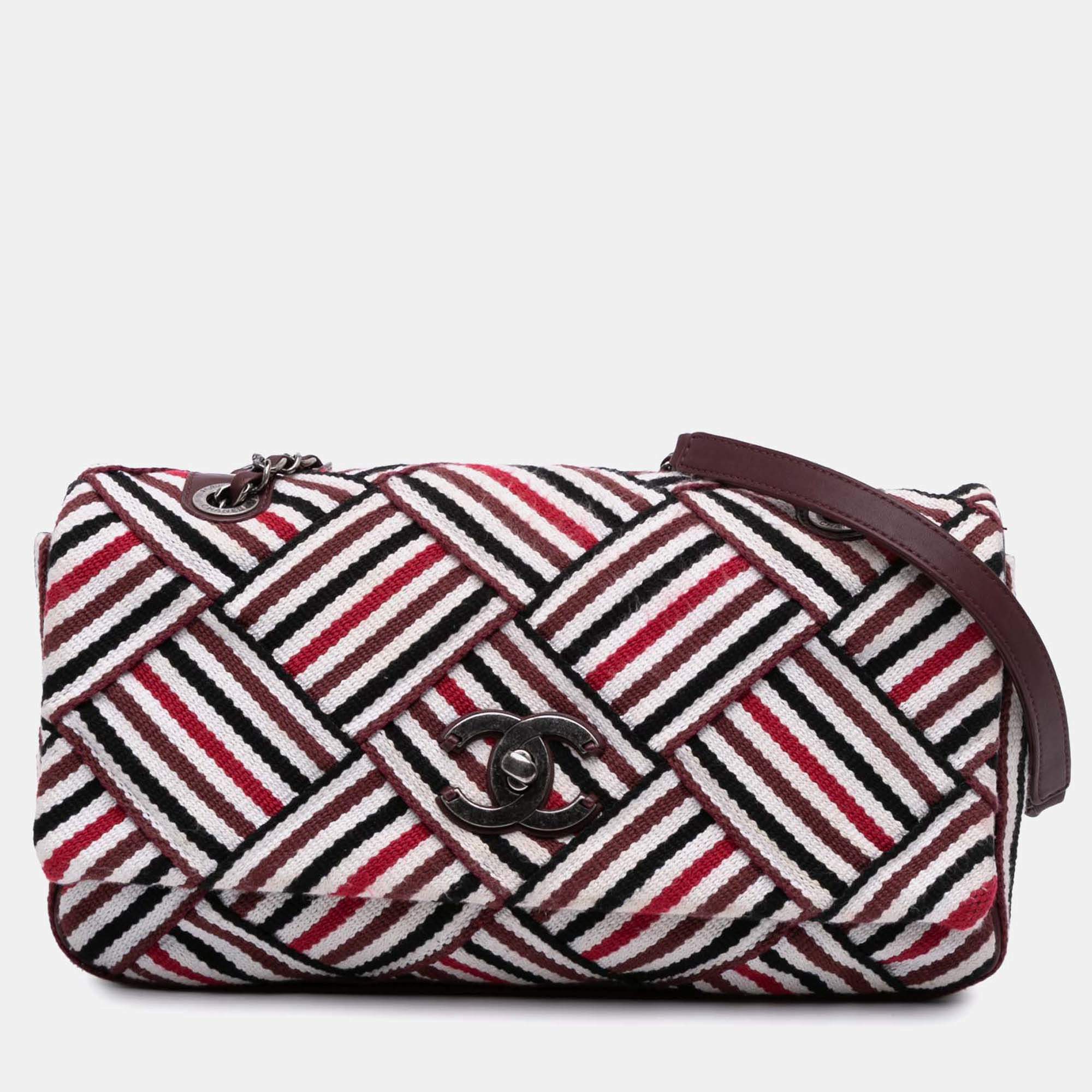 Chanel Red/White CC Canvas Stripe Flap