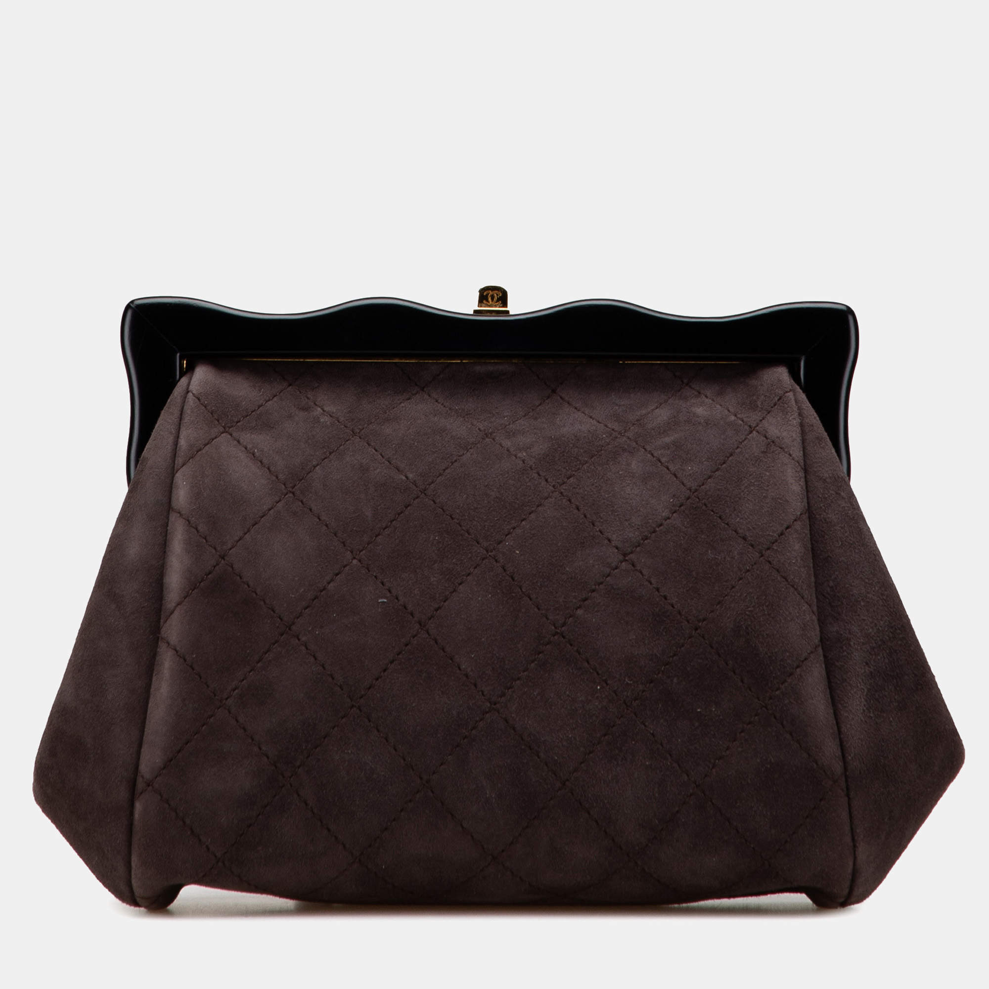 Chanel Black/Brown CC Quilted Suede Kiss Lock Clutch
