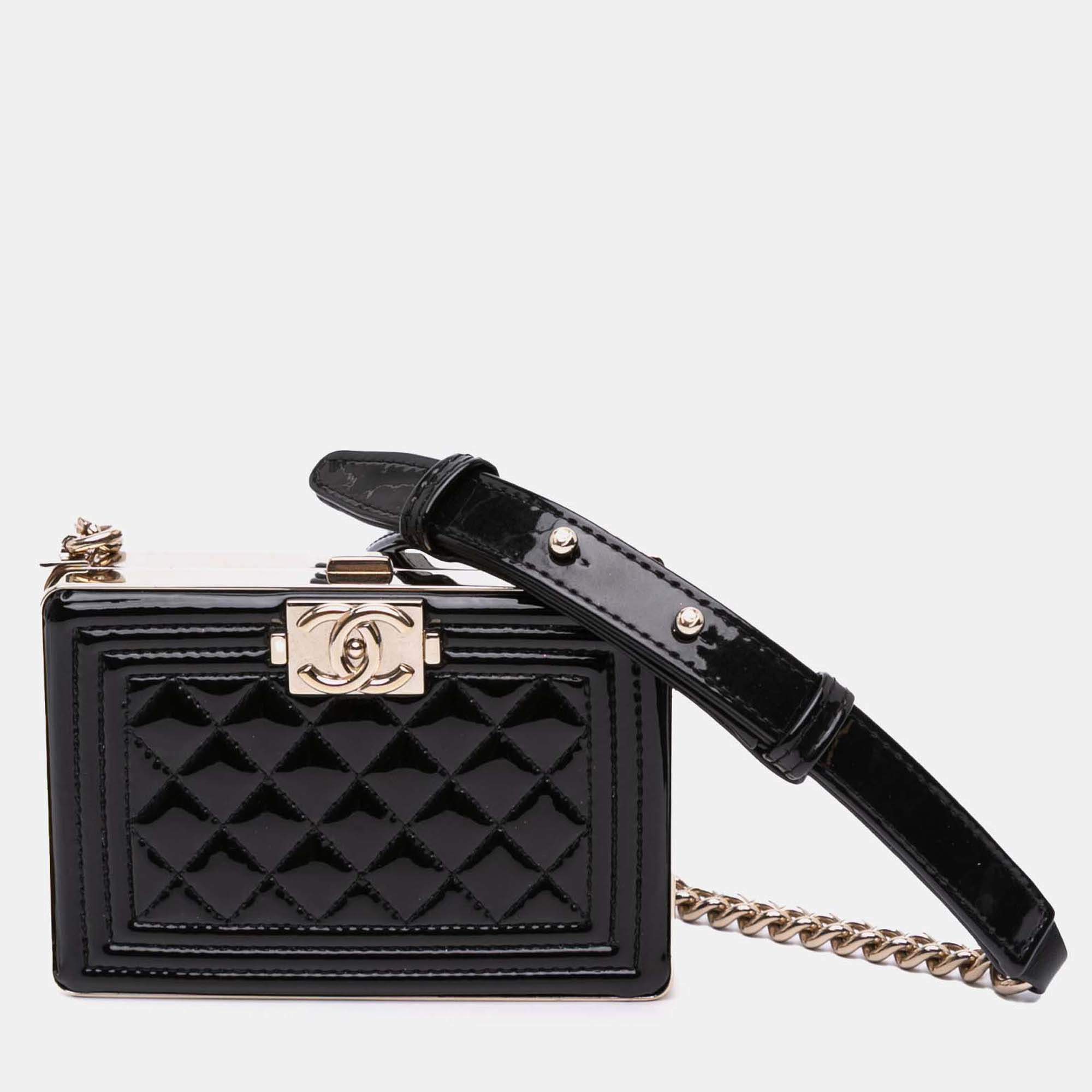 Chanel Black Quilted Patent Boy Box Minaudiere on Chain