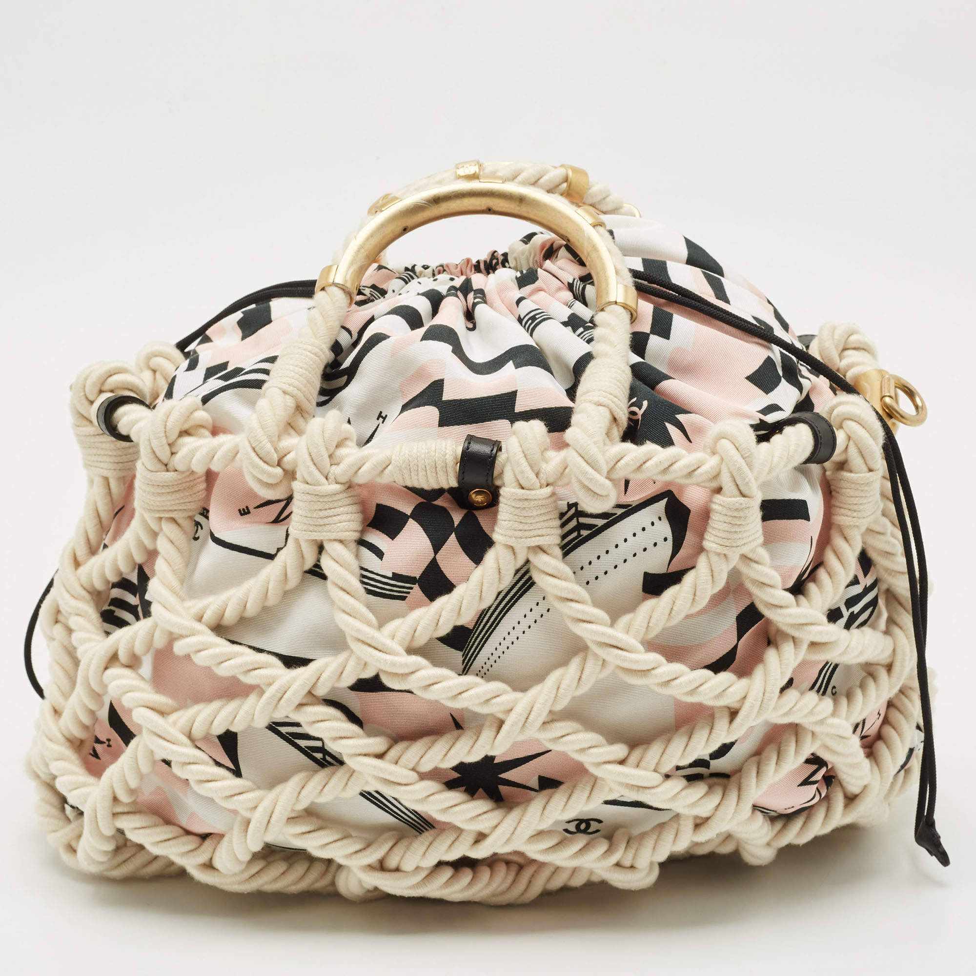 Pre Owned Chanel White/Multicolor Printed Fabric and Rope Shopper Tote