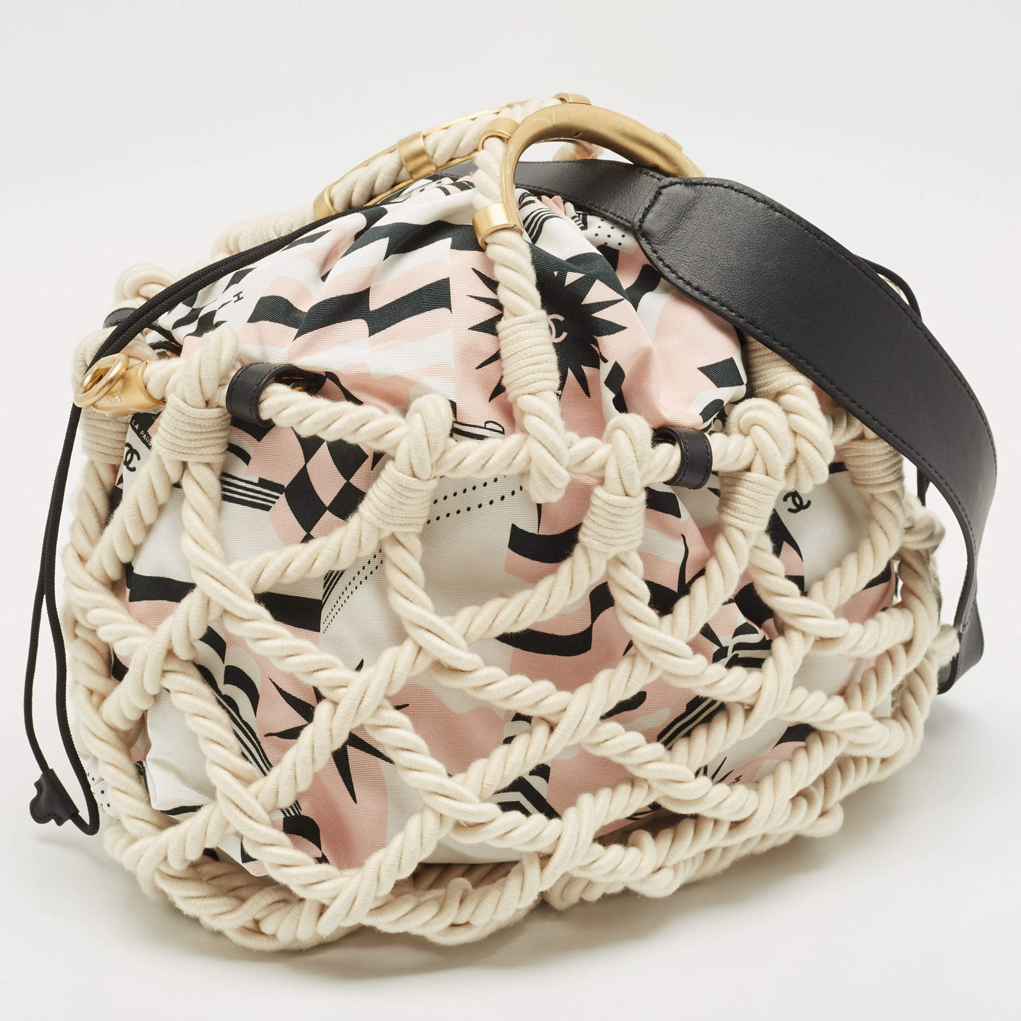 Pre Owned Chanel White/Multicolor Printed Fabric and Rope Shopper Tote