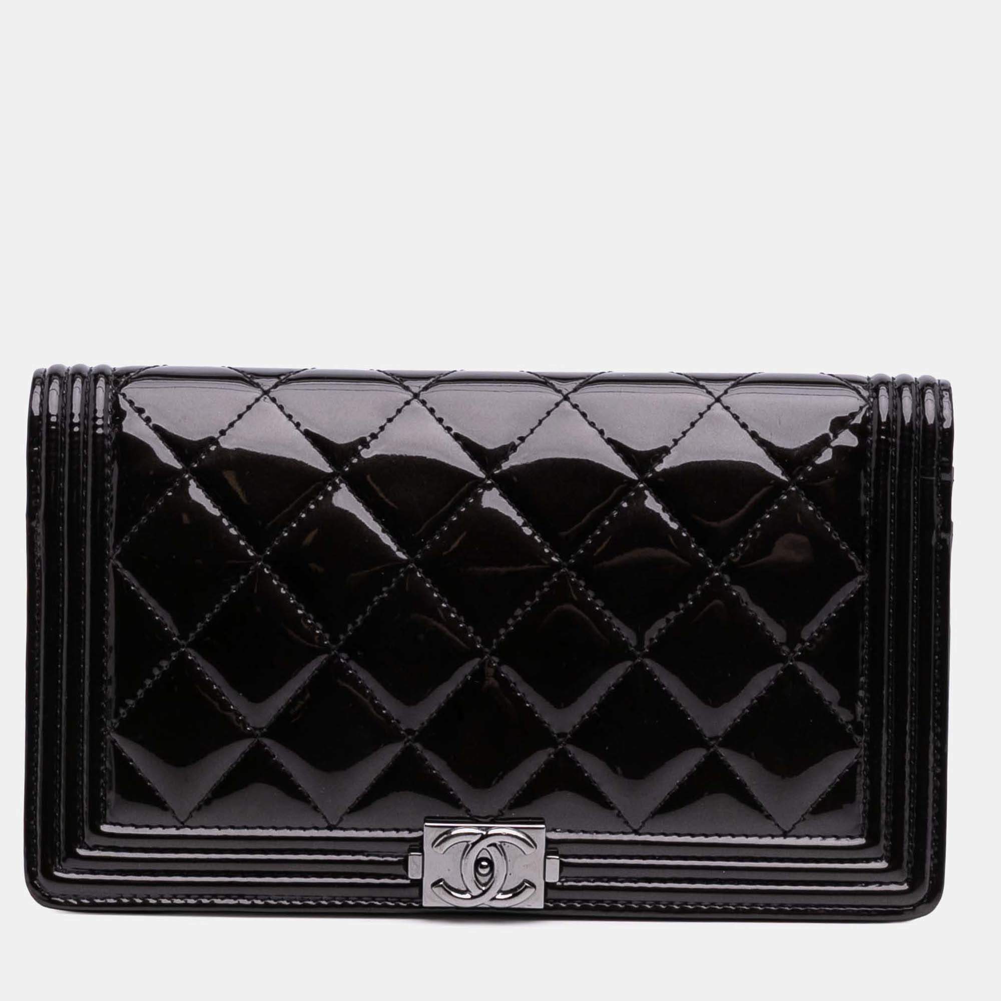 Chanel Black Quilted Patent Boy Long Wallet
