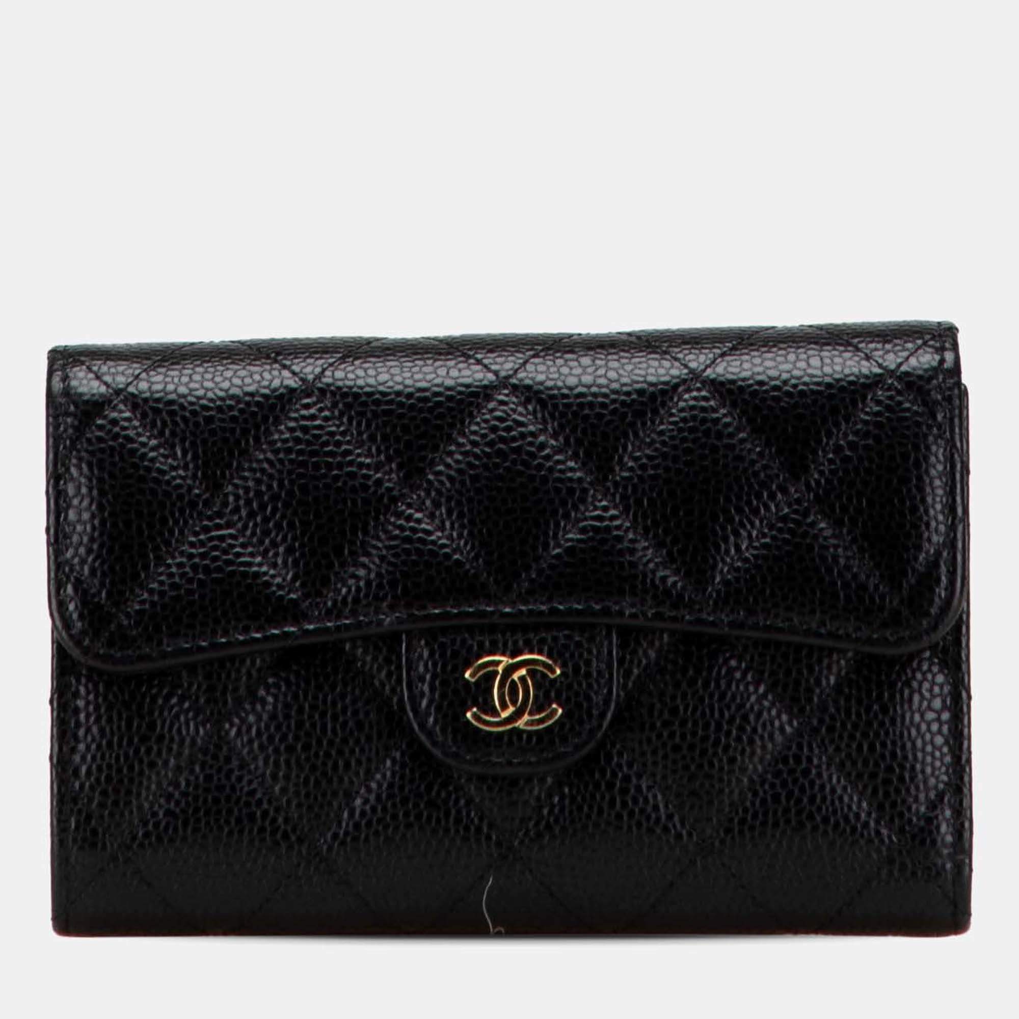 Chanel Black CC Quilted Caviar Trifold Flap Wallet