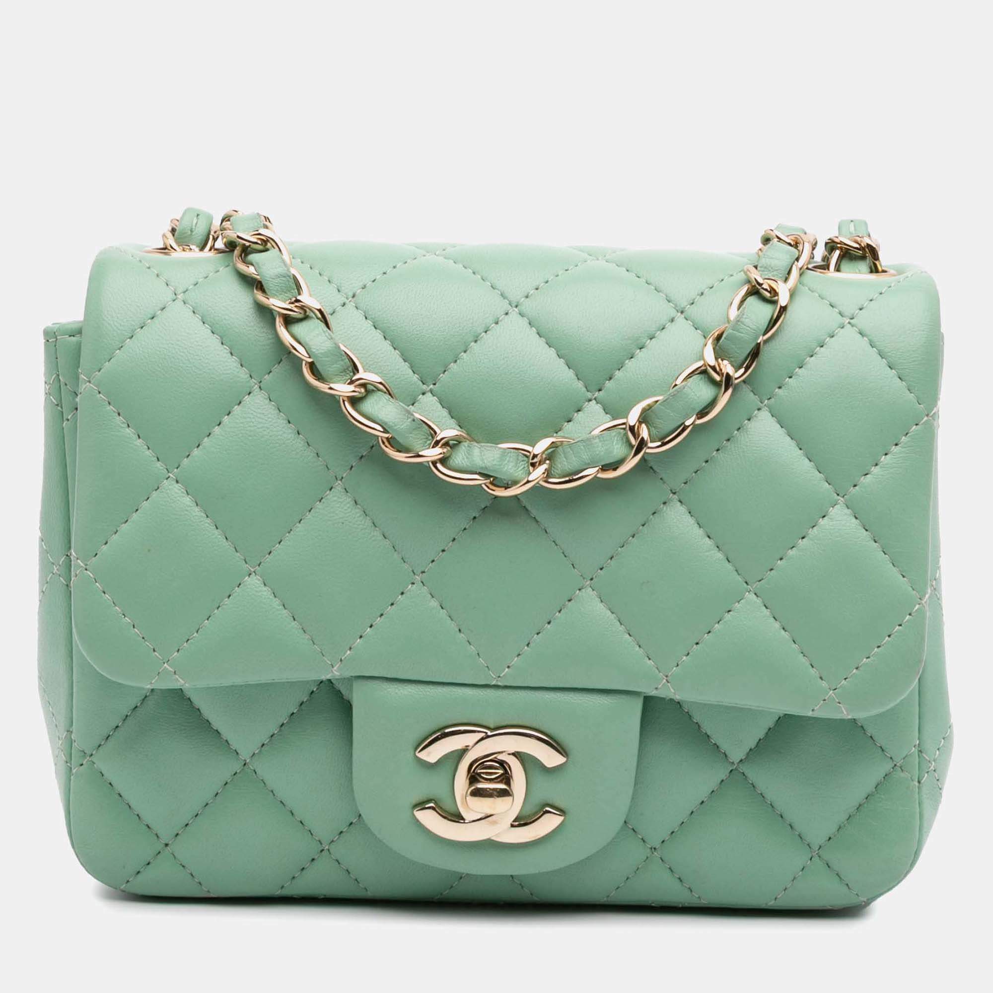 Chanel Green Mini Square Classic Lambskin Single Flap