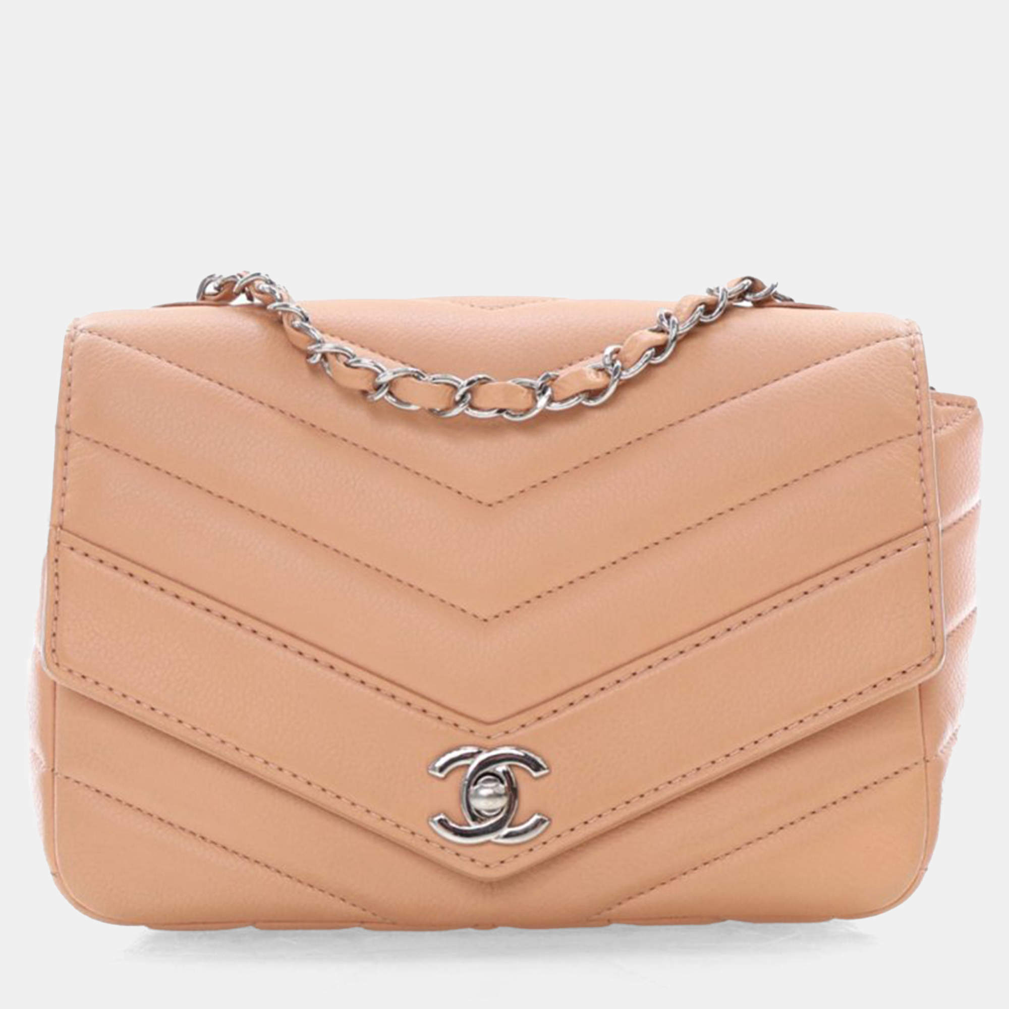 Chanel Nude Calfskin Chevron Flap Bag