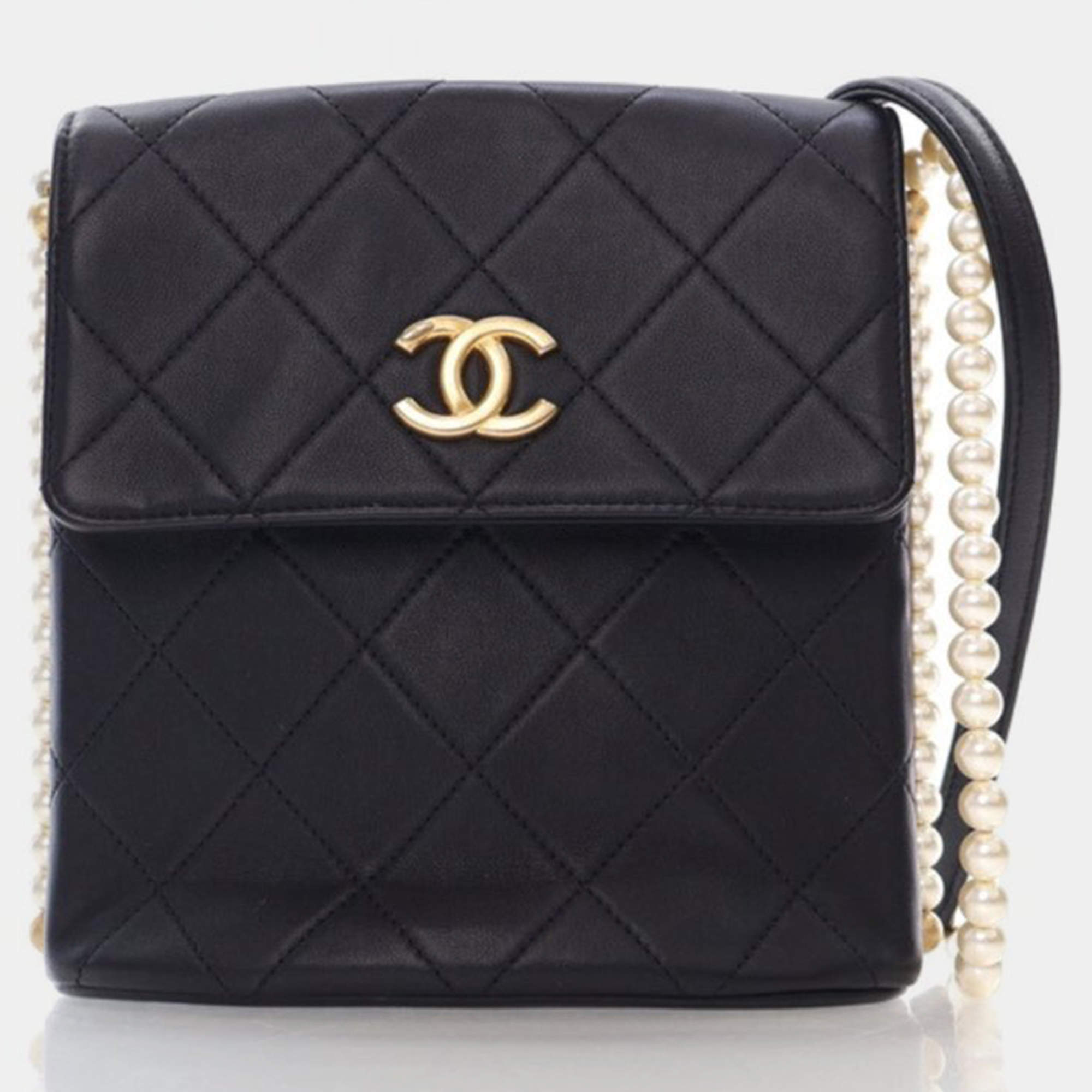 Chanel Small Black Calfskin About Pearls Hobo