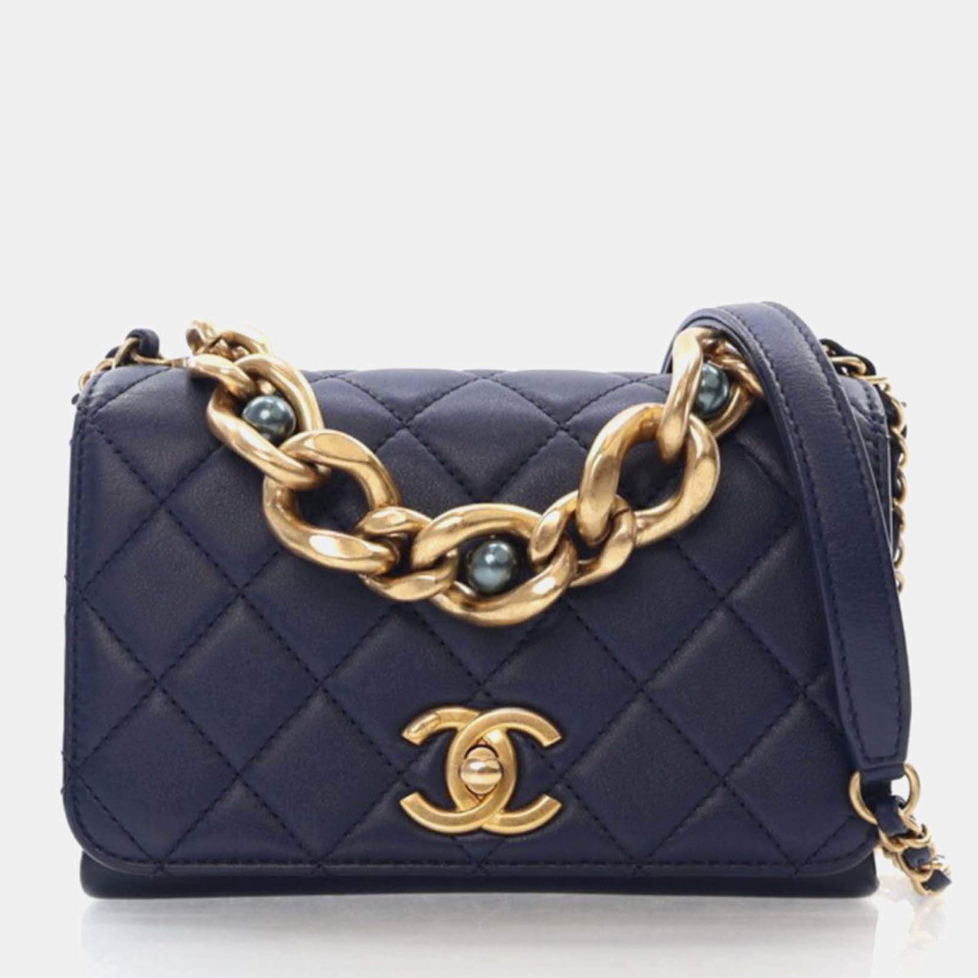 Chanel Mini Navy Calfskin Pearl Chain Flap Bag
