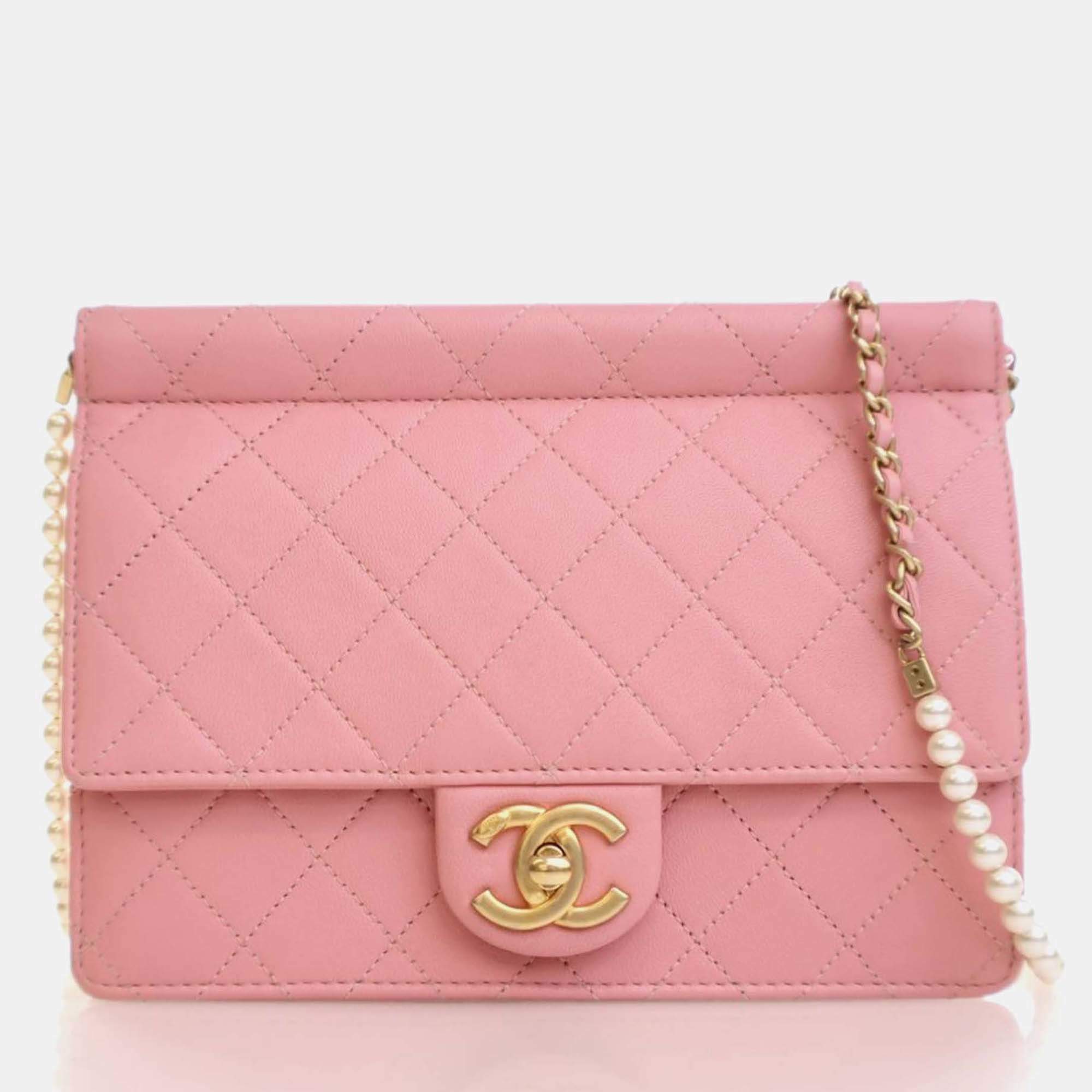 Pre Owned Chanel Pearl Chain Pink Goatskin Flap Bag