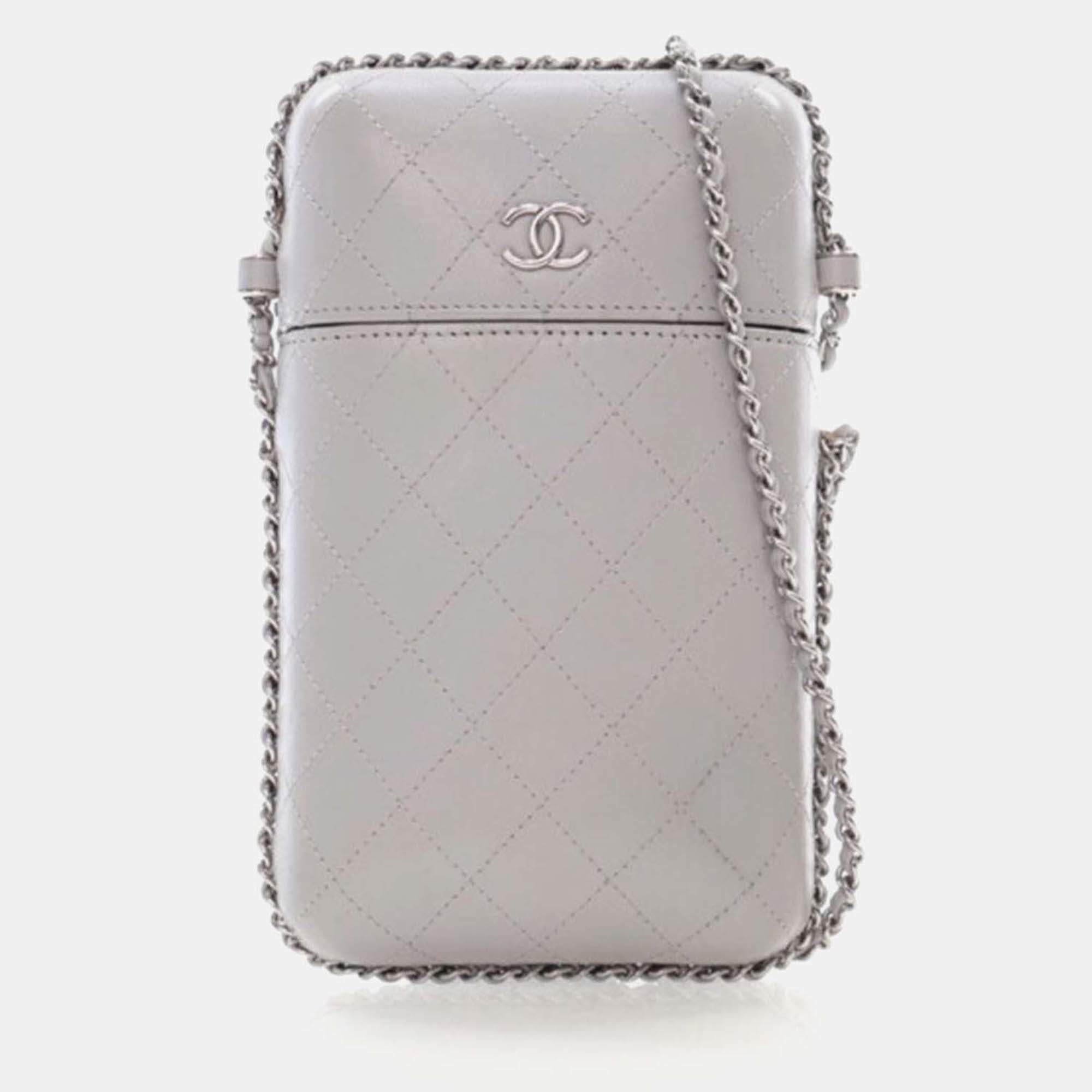 Pre Owned Chanel Chain Around Grey Lambskin Phone Holder Bag