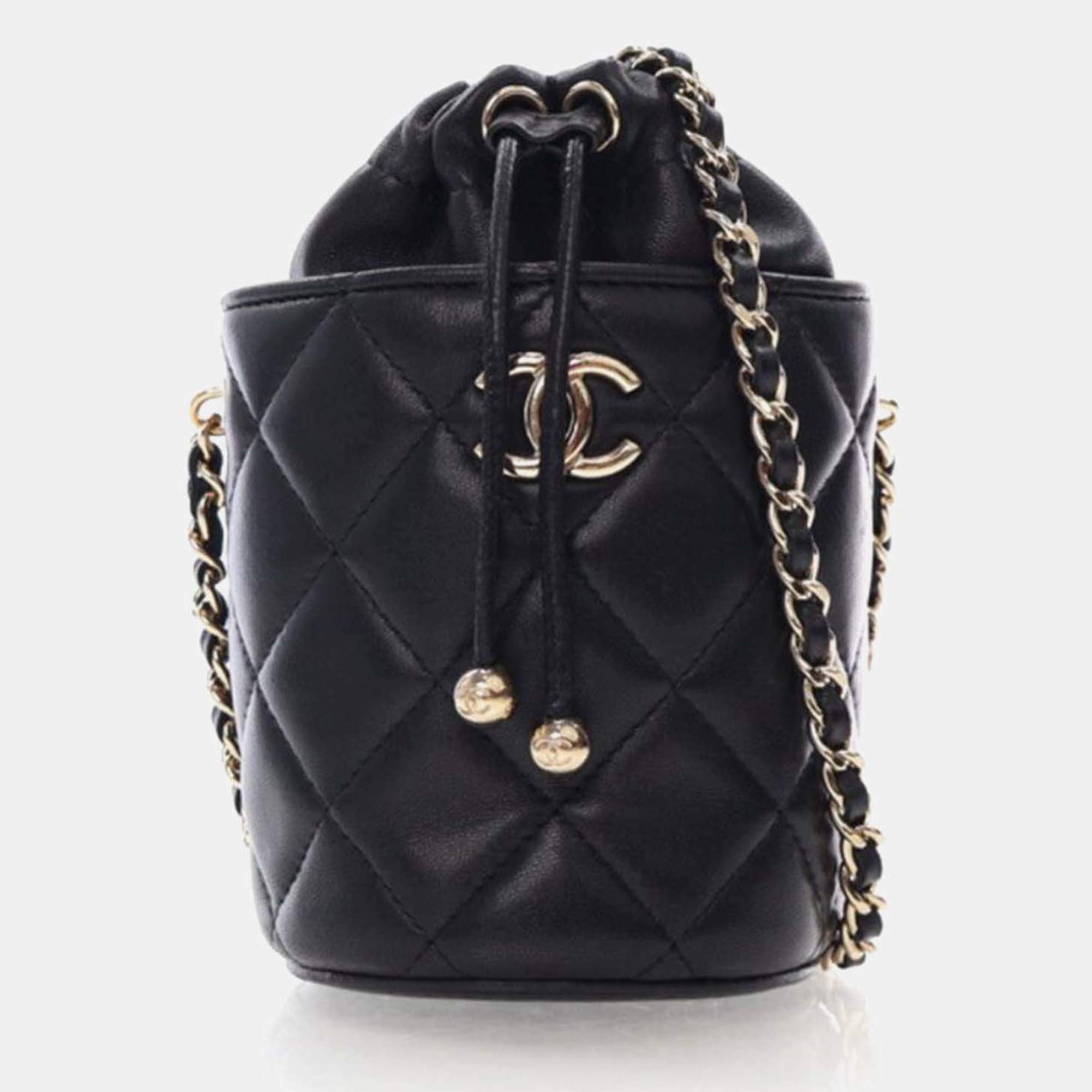 Chanel Mini Black Lambskin Bucket Bag With Chain