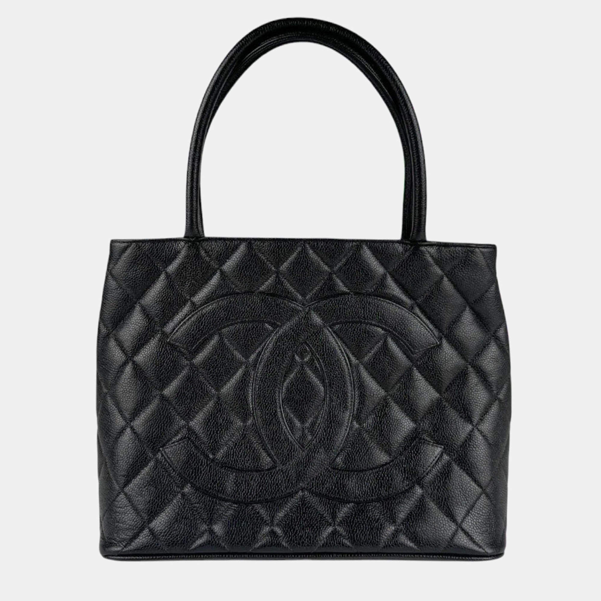 Chanel Medallion Black Caviar Skin Leather Tote Bag