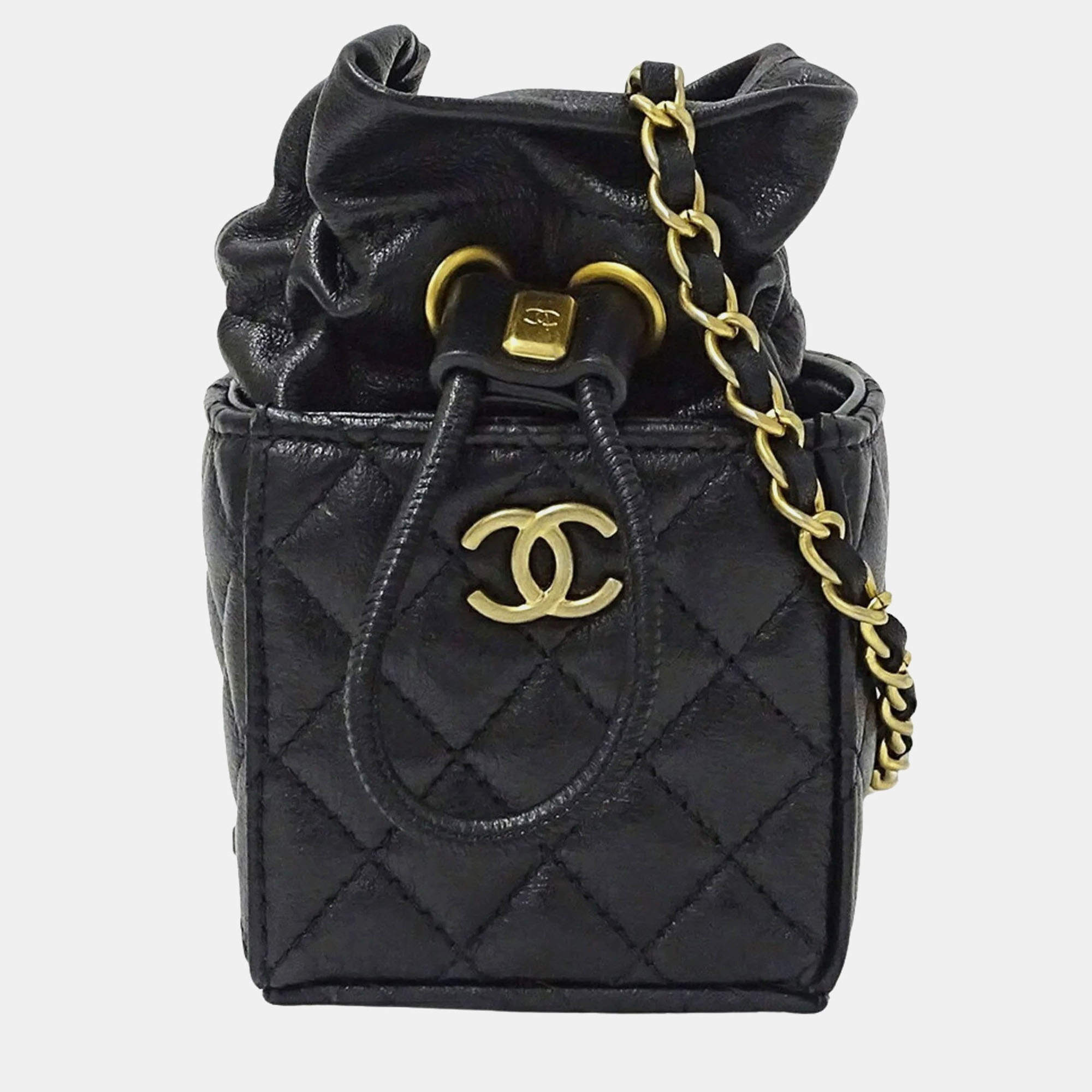 Chanel Drawstring CC Mini Black Quilted Leather Bucket Bag