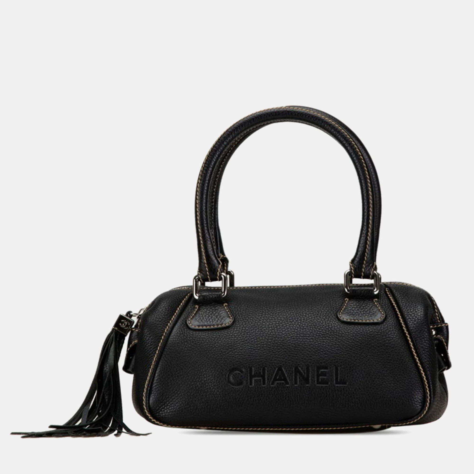 Chanel Embossed  Black Leather Boston Bag
