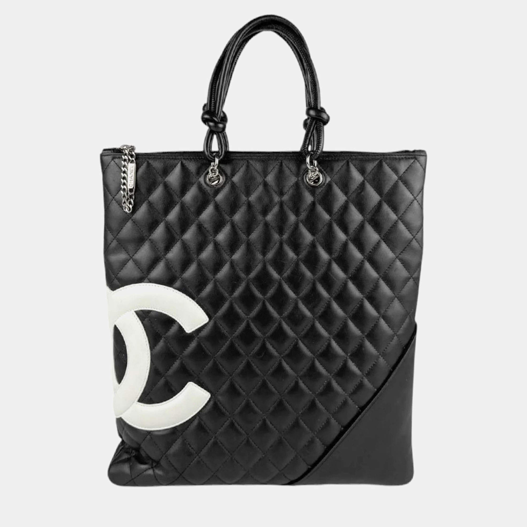 Pre Owned Chanel Ligne Cambon Flat Black & White Leather Tote Bag