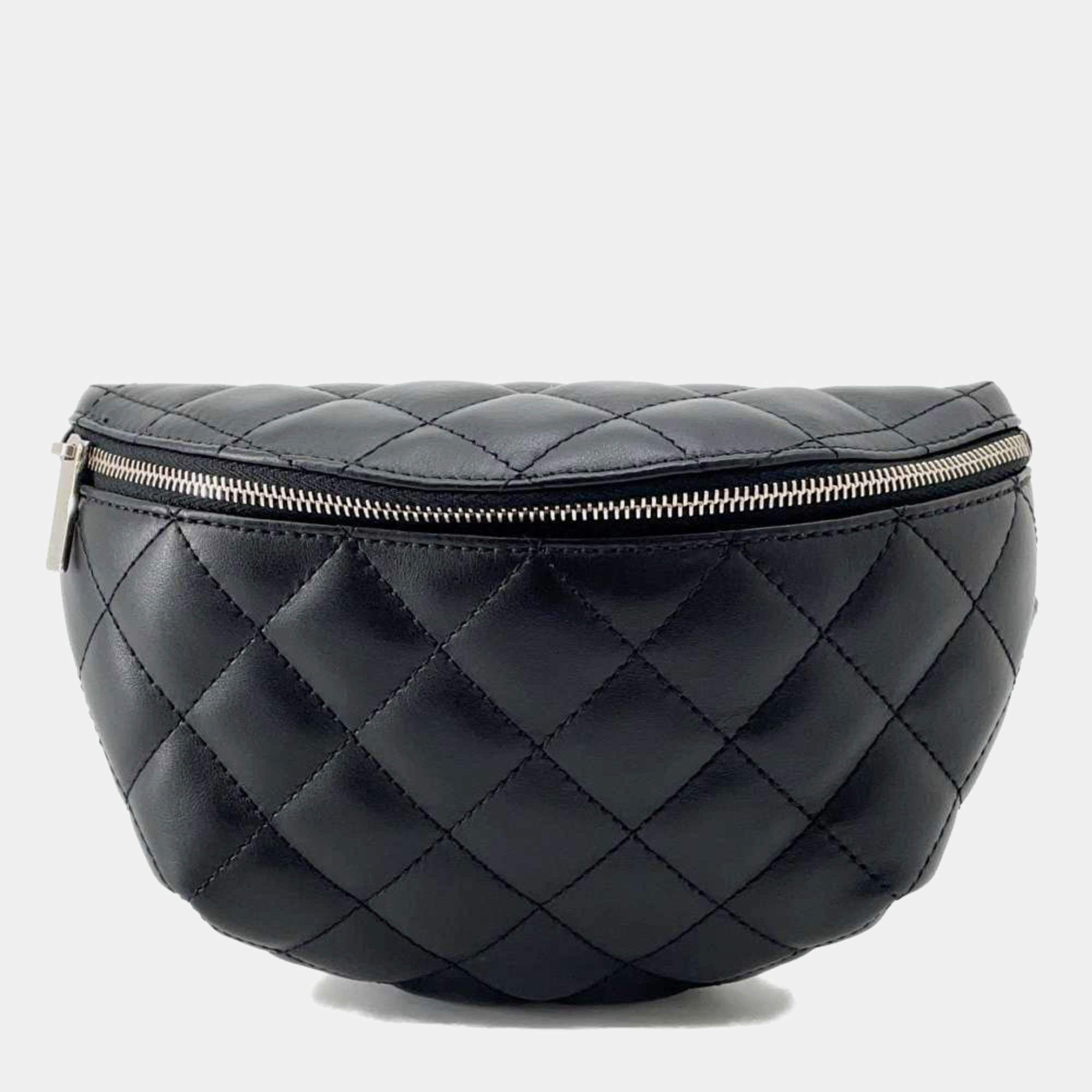 Pre Owned Chanel Black Lambskin Quilted Waist Belt Bag 