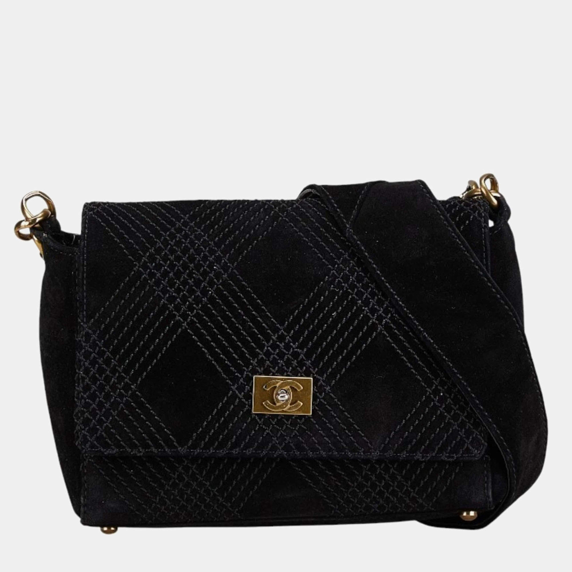 Chanel Diamond Stitch Black Suede Messenger Bag