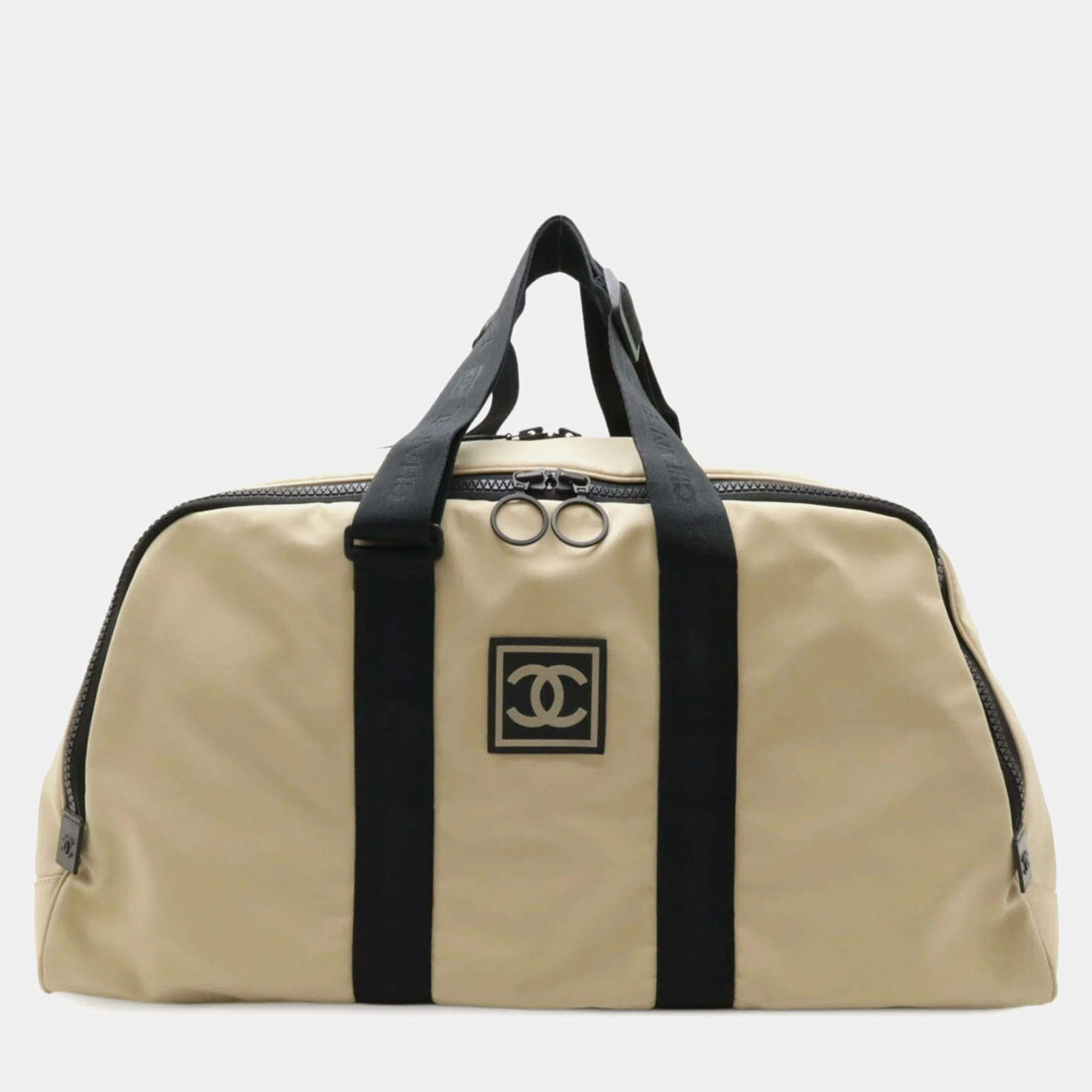 Chanel Sport Line Coco Mark Beige Black Nylon Canvas Boston Bag 