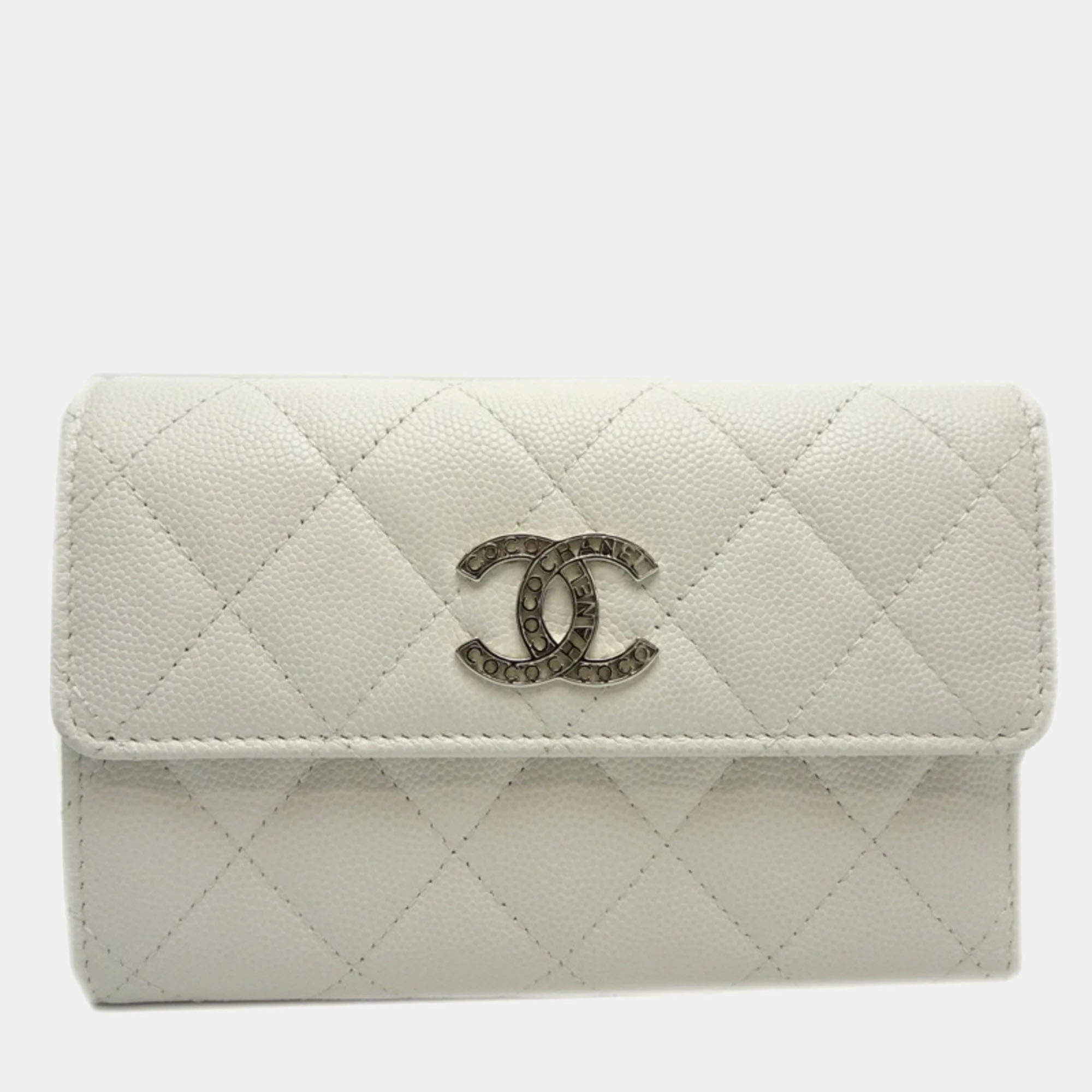 Chanel White Caviar Skin Long Tri-Fold Wallet  
