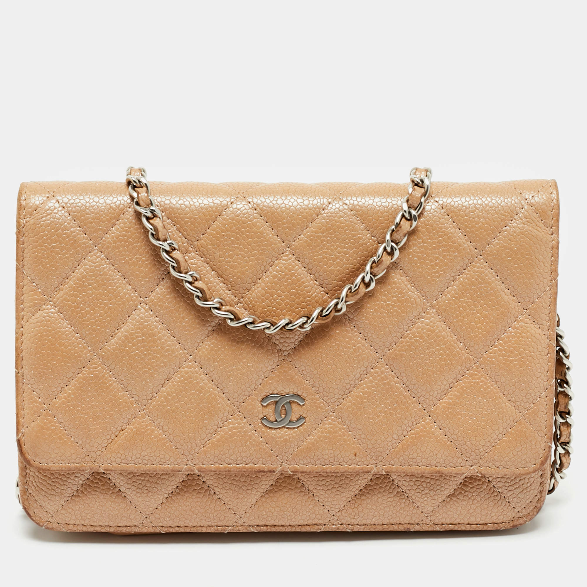 Pre Owned Chanel Beige Quilted Caviar Leather CC Wallet On Chain