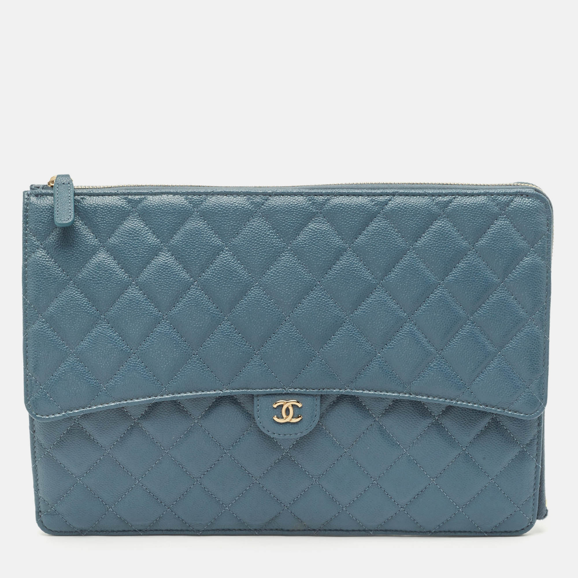 Chanel Blue Quilted Caviar Leather Classic CC Flap Zip Pouch Clutch