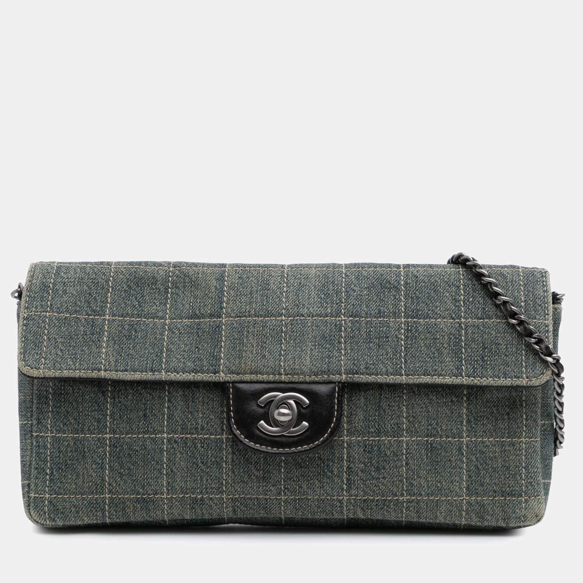 Chanel Blue CC Chocolate Bar Denim East West Flap