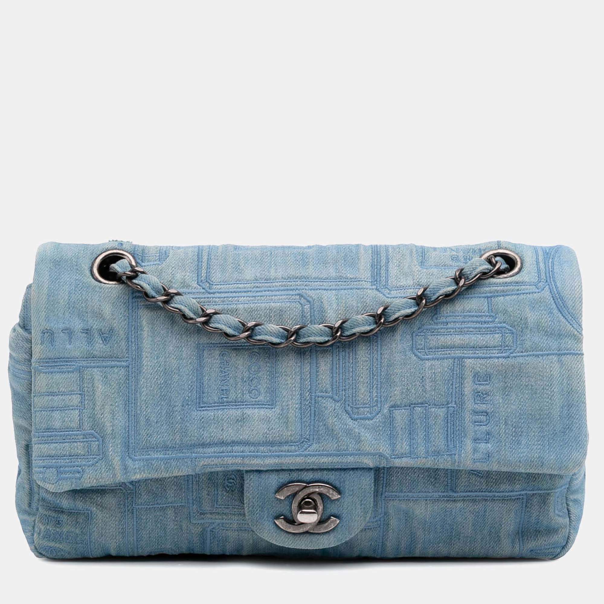 Chanel Blue Medium Embroidered Denim Perfume Bottle Single Flap