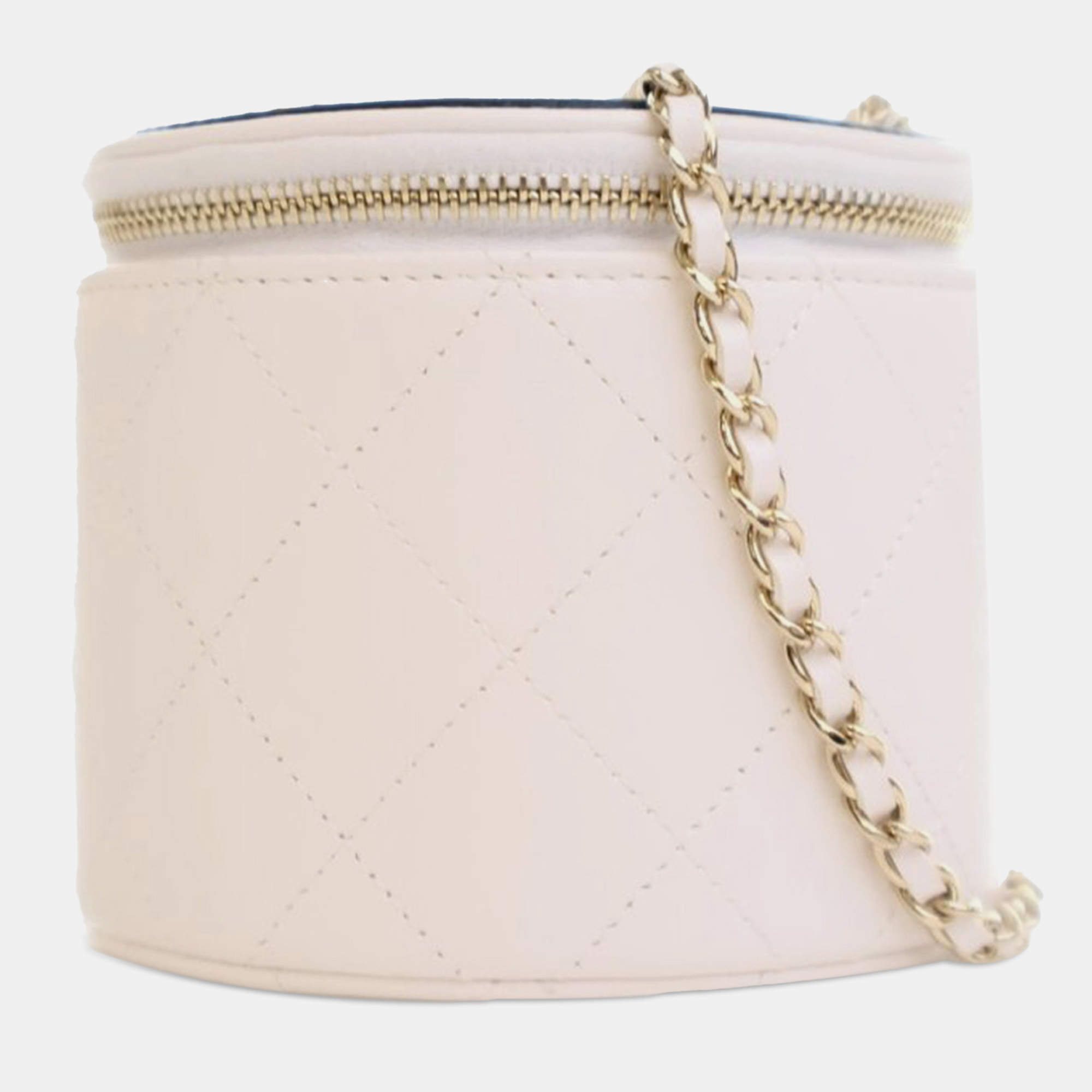 Chanel White CC Lambskin Round Vanity Case