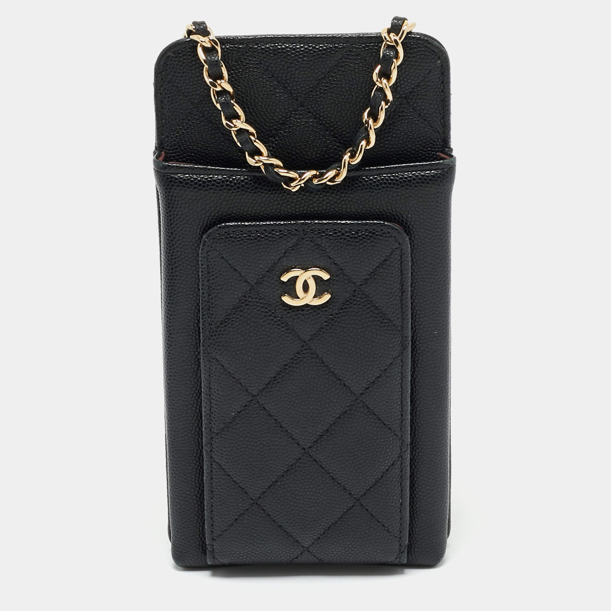 Chanel Black Quilted Caviar Leather O-Phone Holder Crossbody Bag