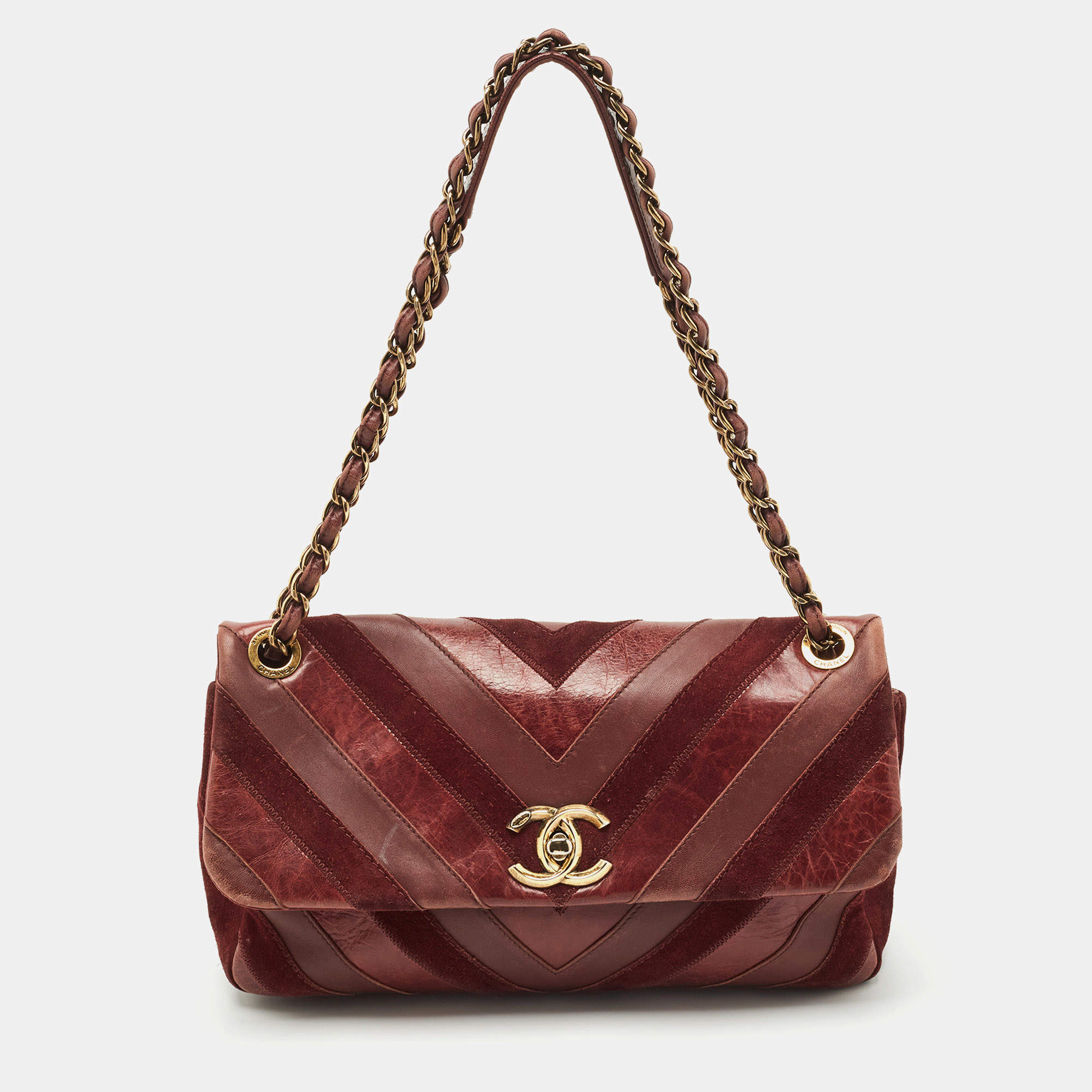 Chanel Burgundy Chevron Leather and Suede Surpique CC Flap Shoulder Bag
