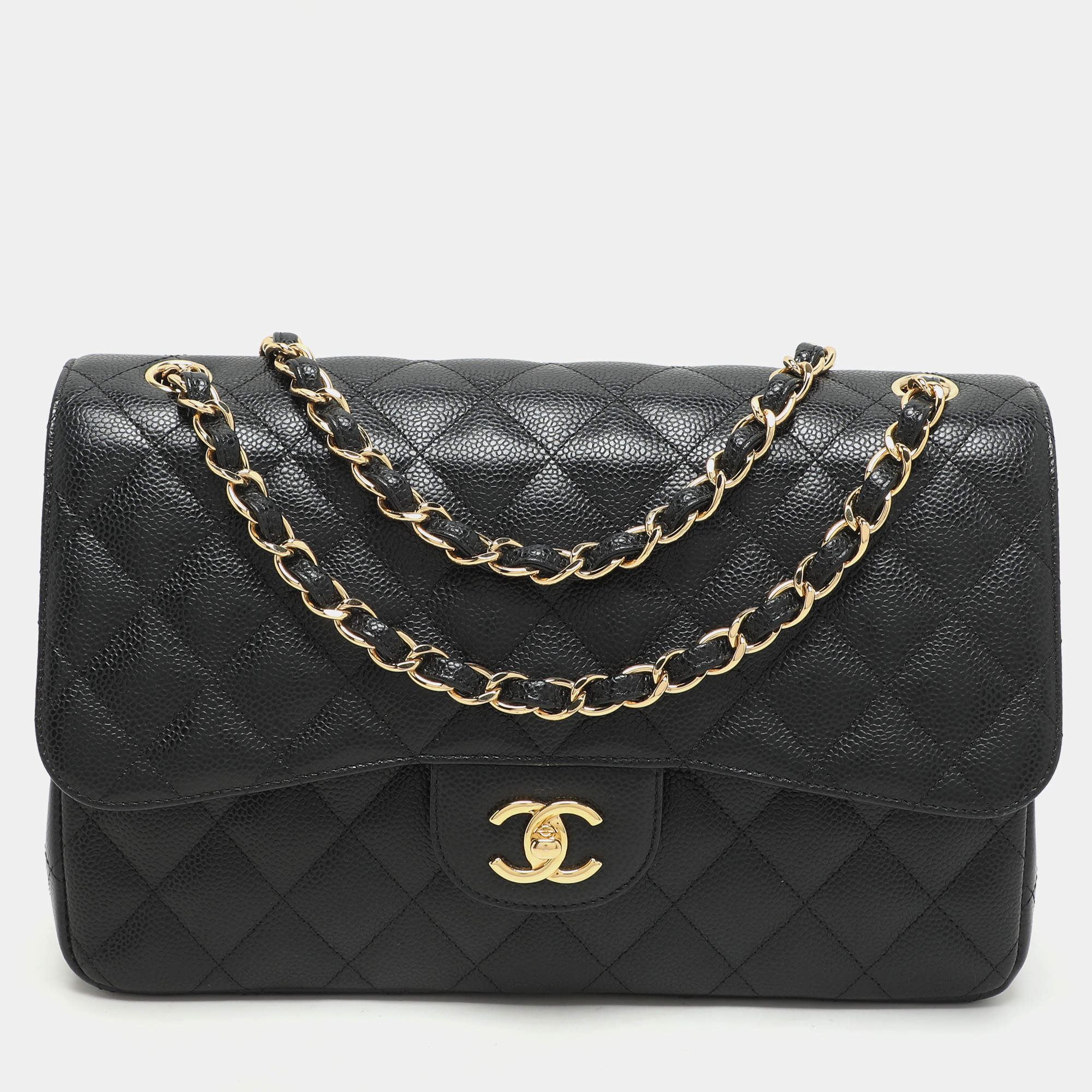 Pre Owned Chanel Black Quilted Caviar Leather Jumbo Classic Double Flap Bag