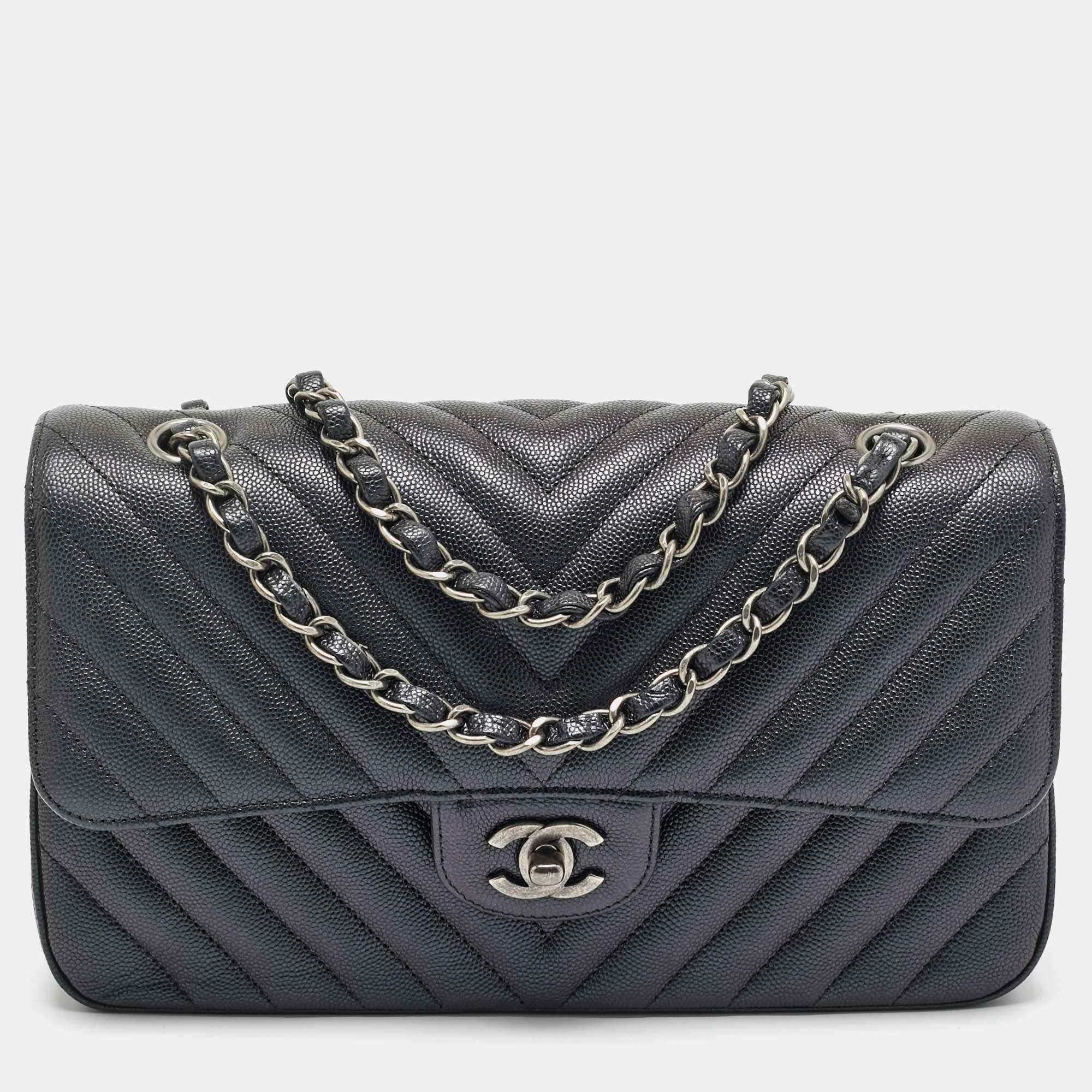 Chanel Black Chevron Caviar Leather Medium Classic Double Flap Bag