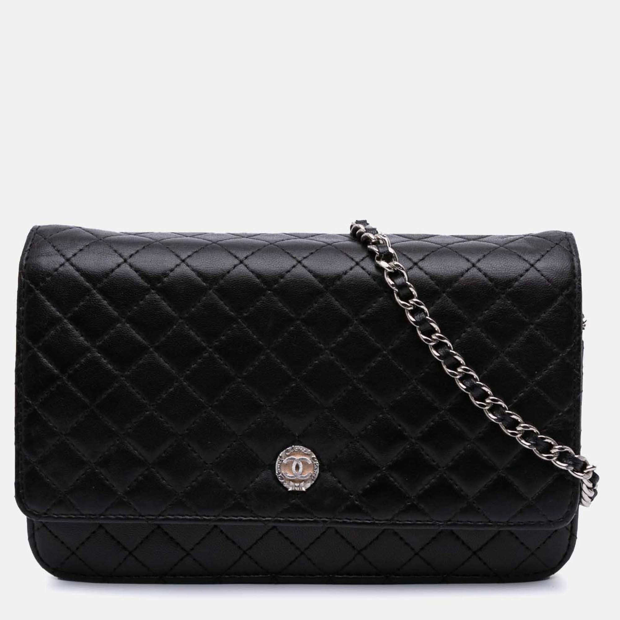 Chanel Black CC Quilted Lambskin Wallet On Chain