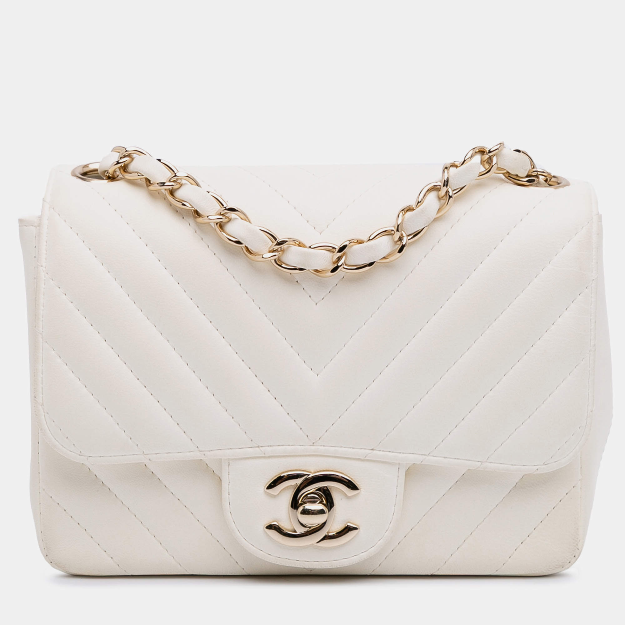 Pre Owned Chanel White Mini Square Classic Chevron Lambskin Single Flap