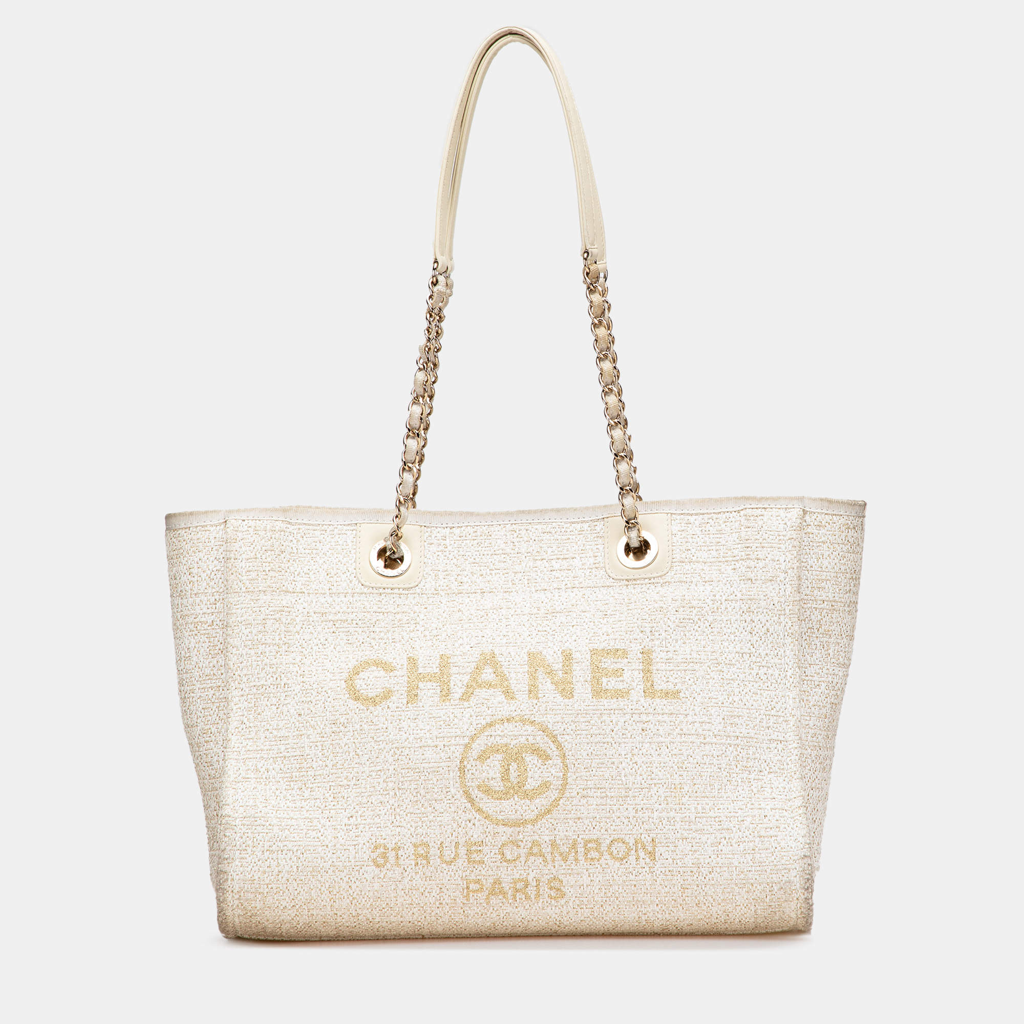 Pre Owned Chanel Cream Small Lurex Boucle Deauville Tote