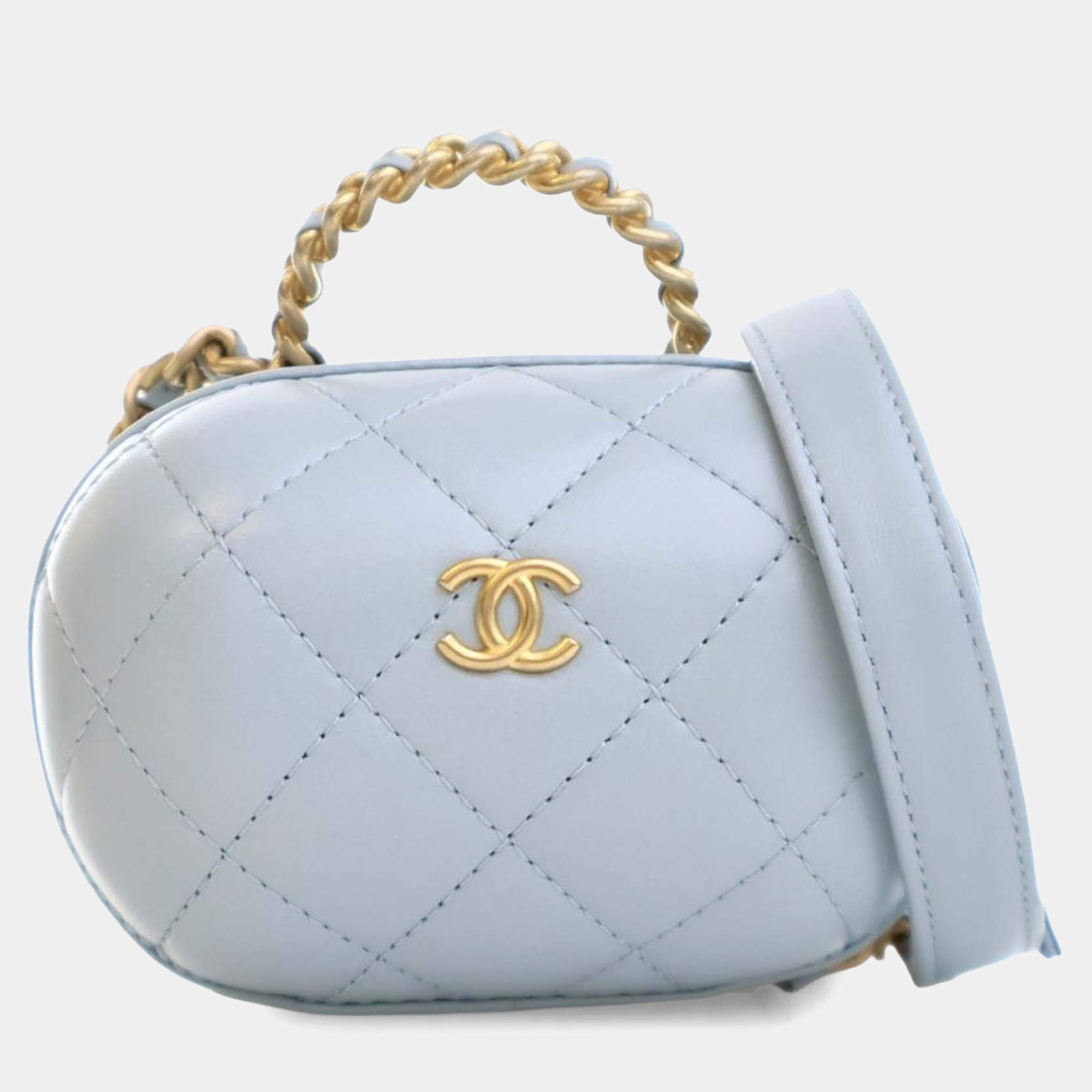 Chanel Blue Quilted Lambskin CC Bubble Vanity Case With Chain