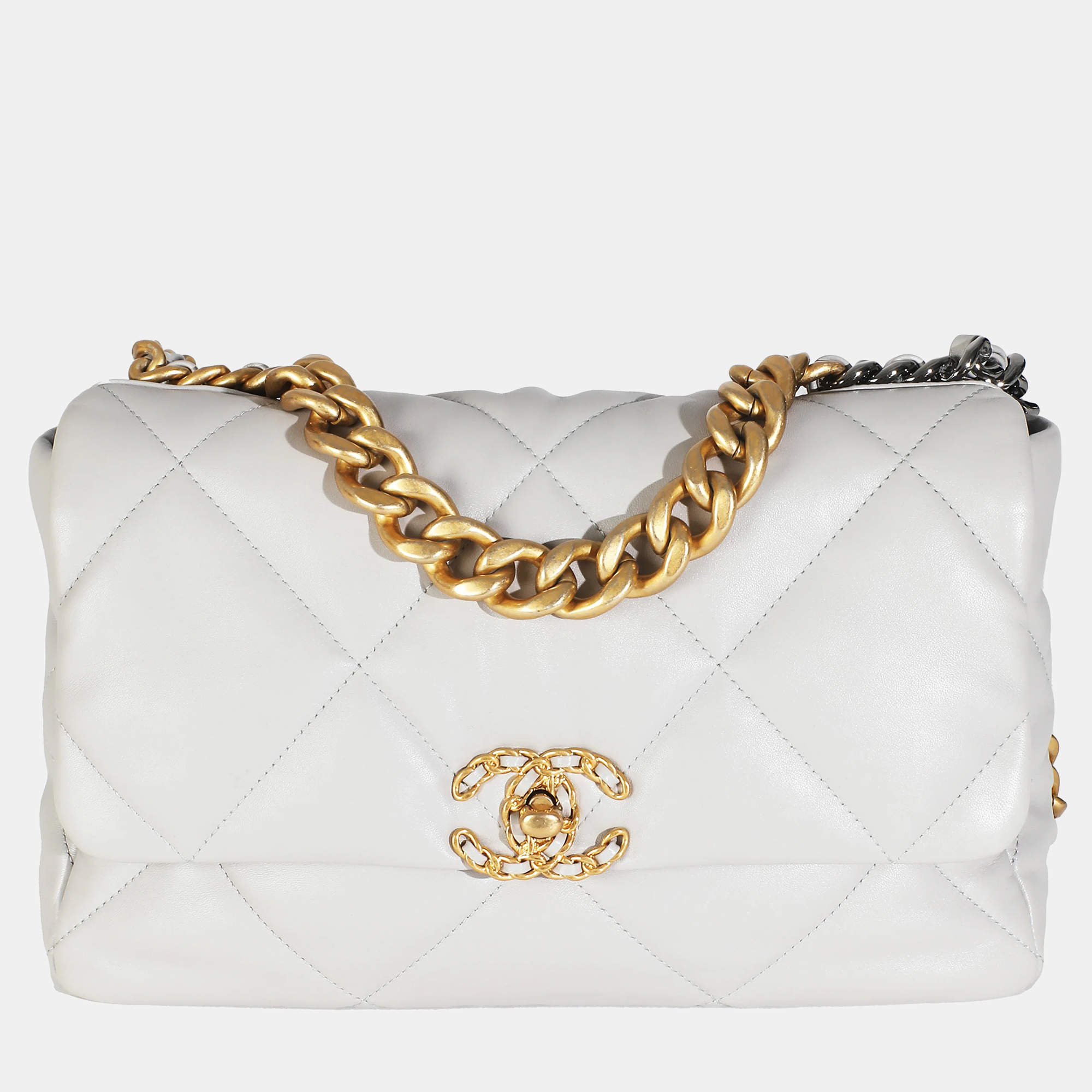 Chanel Light Grey Quilted Lambskin Large Chanel 19 Flap Bag