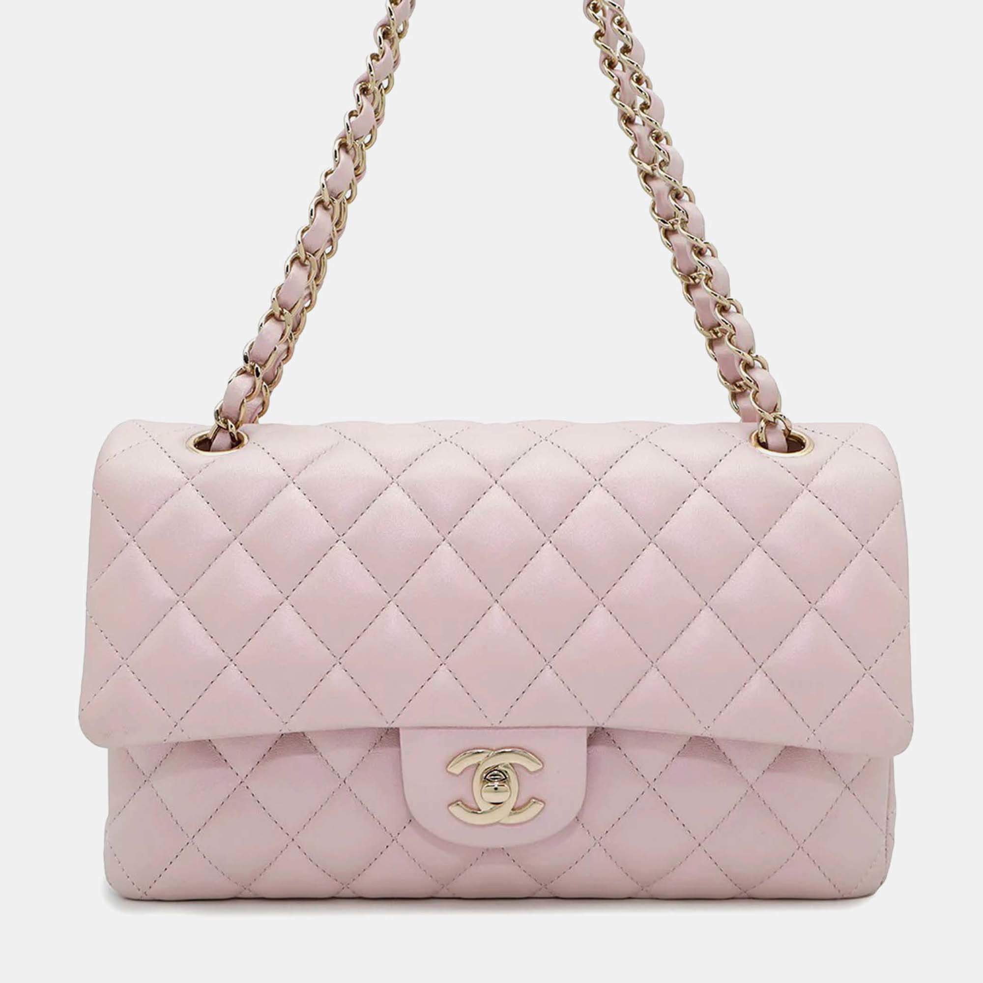 Chanel Matelassé W Flap Pearl Pink Lambskin 25 Chain Shoulder Bag