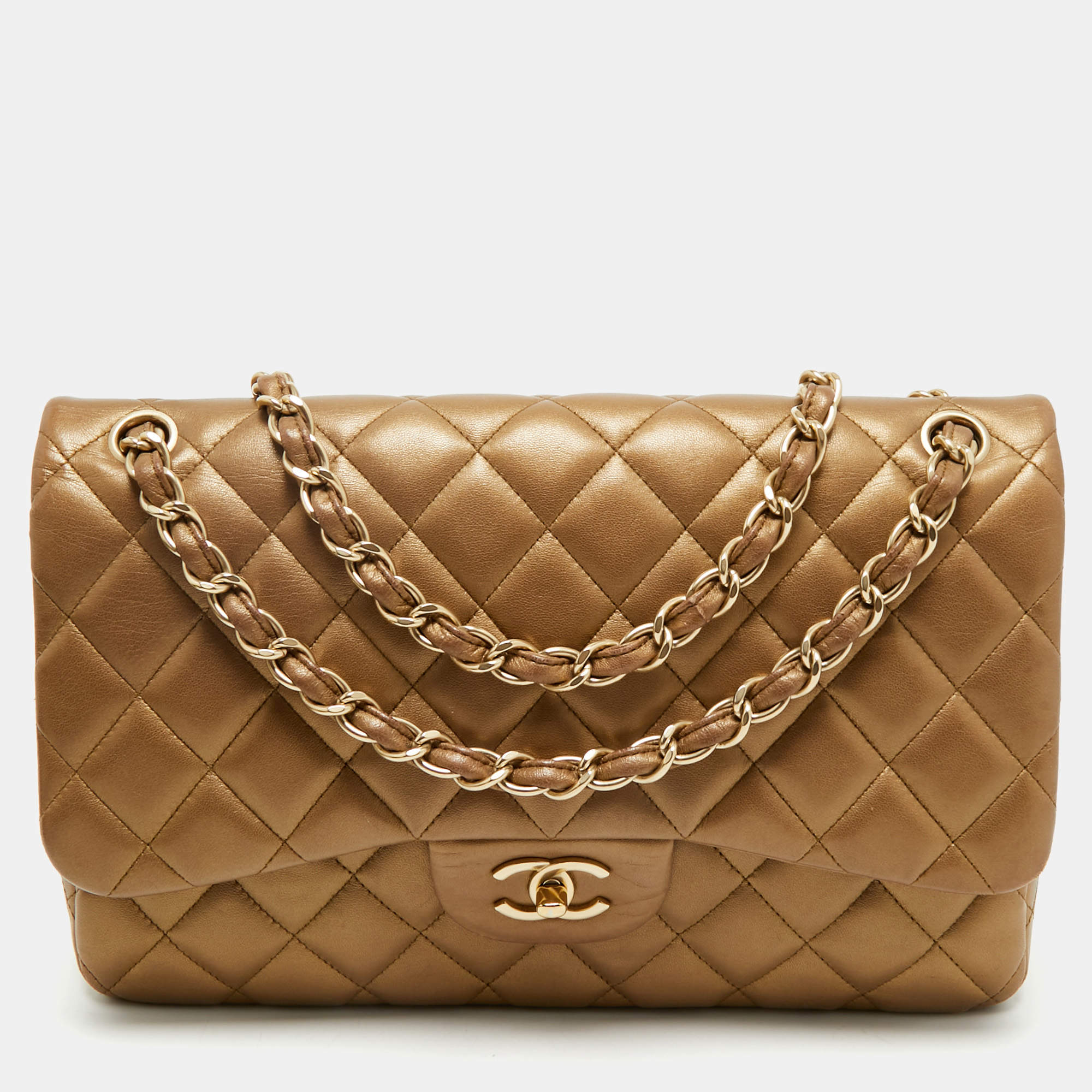 مملوكة مسبقًا Chanel Gold Quilted Leather Jumbo Classic Double Flap Bag