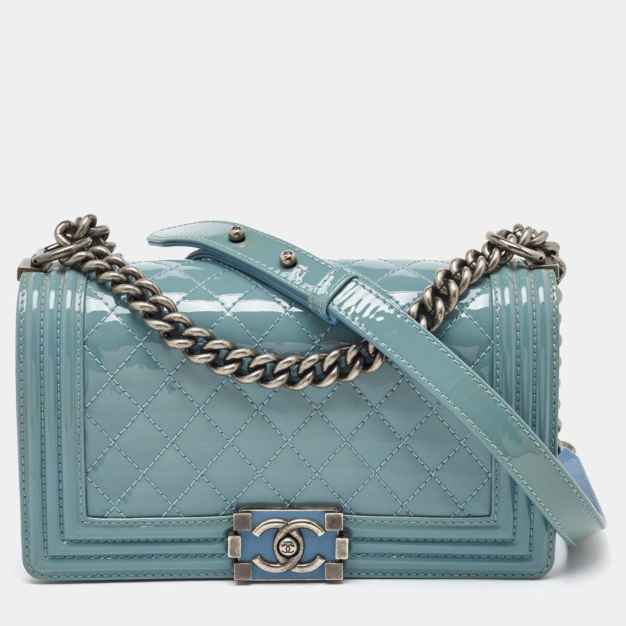 Pre Owned Chanel Light Blue Patent and Leather Medium Classic Boy Flap Bag
