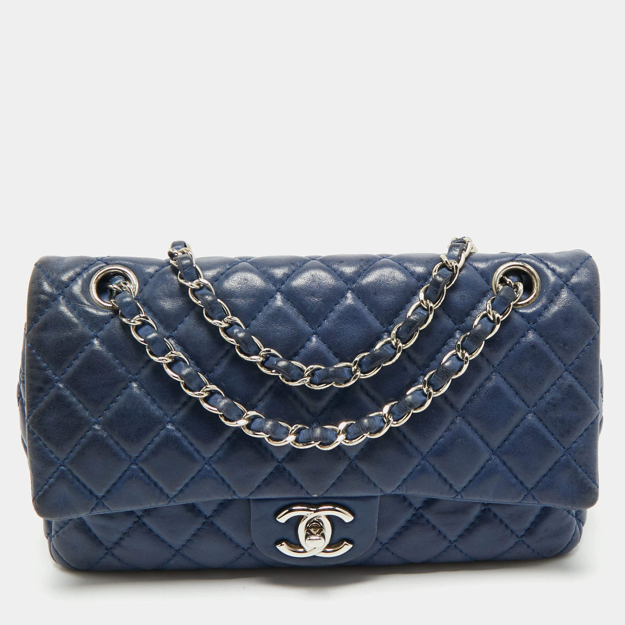 Pre Owned Chanel Dark Blue Quilted Leather Medium Classic Double Flap Bag