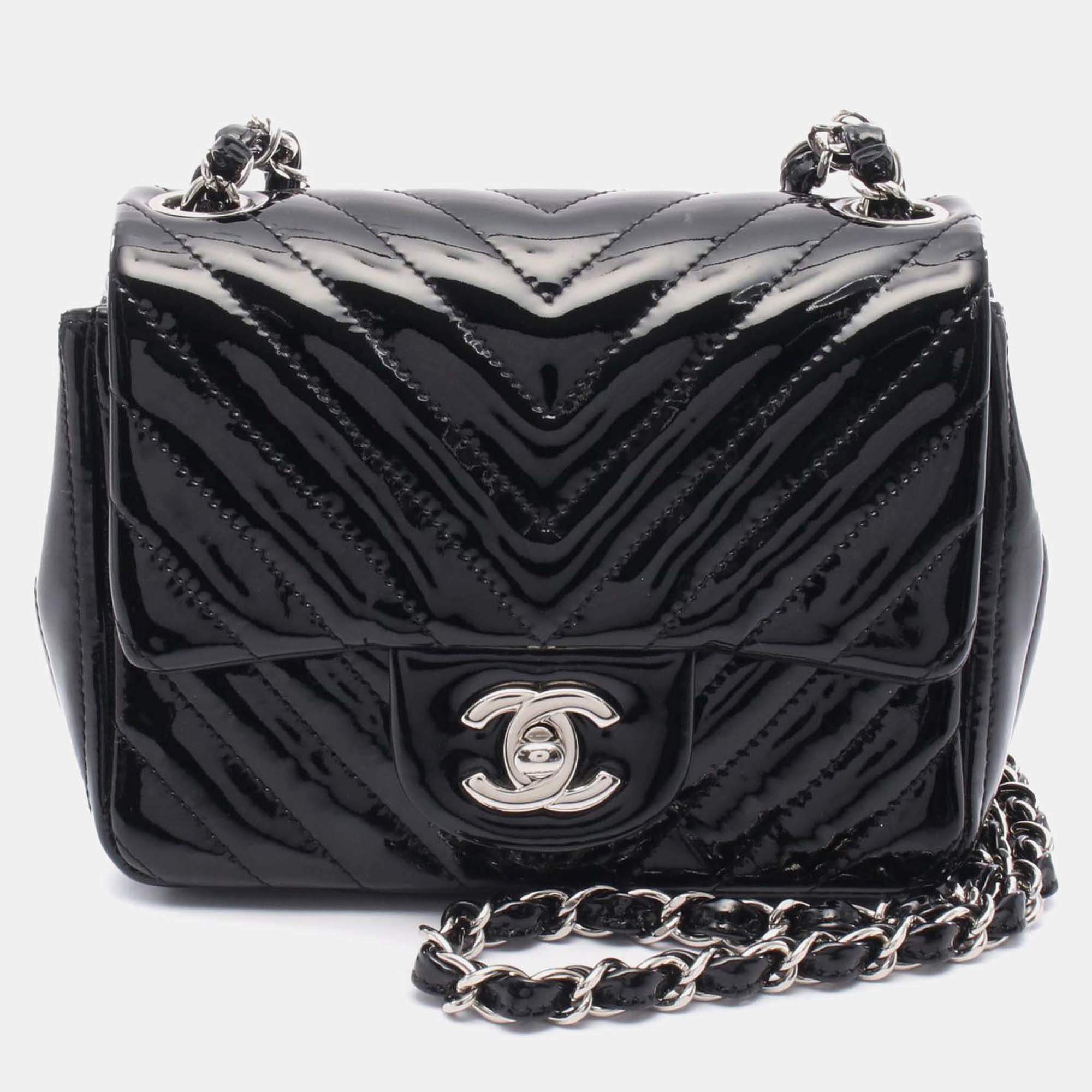 Chanel Black Mini Square Classic Chevron Patent Single Flap