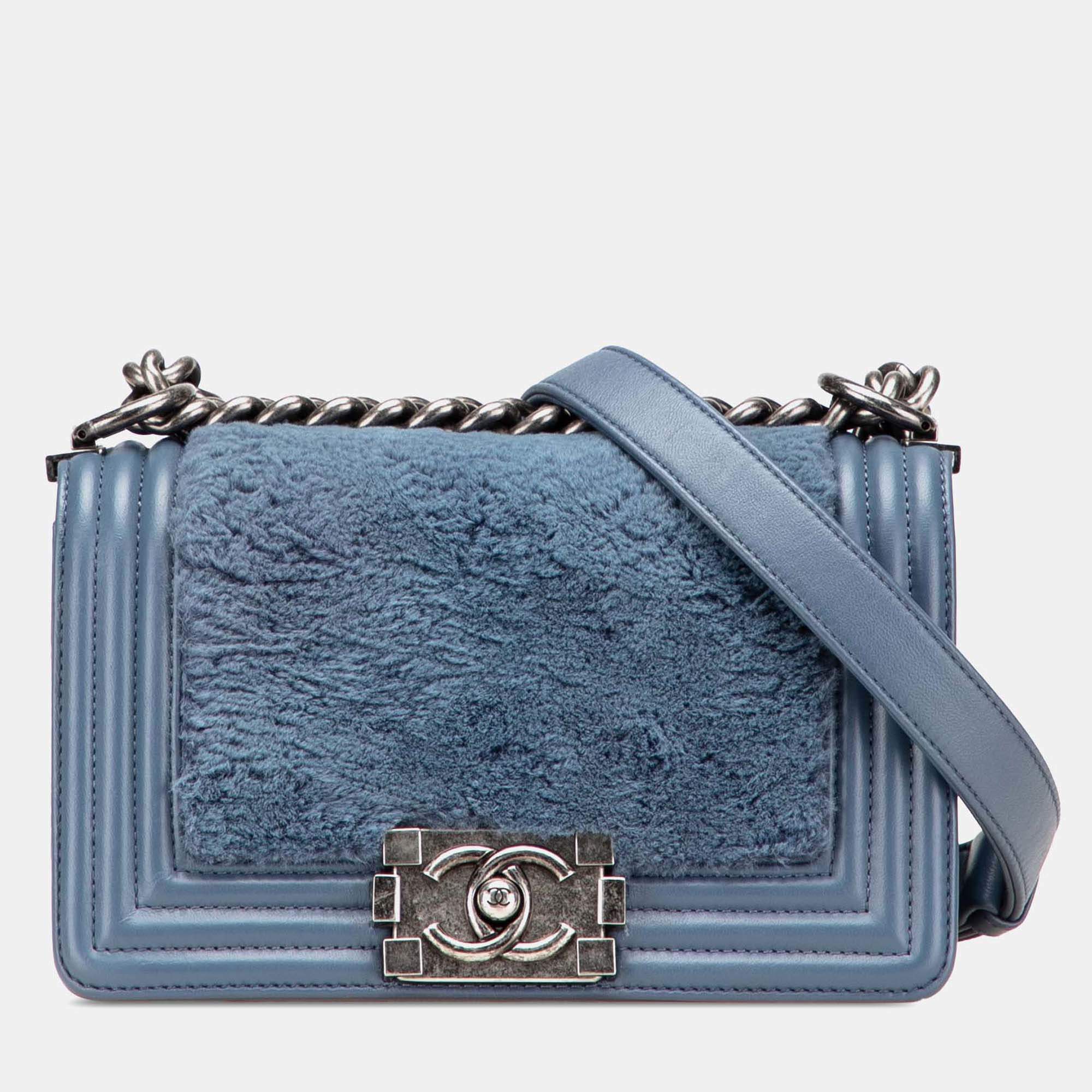 Chanel Blue Small Leather and Fur Boy Flap