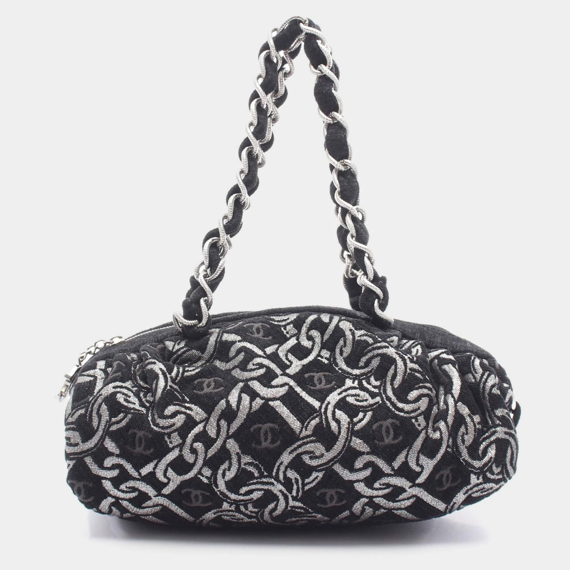 Chanel Coco Mark Chain Handbag Fabric Velor Black