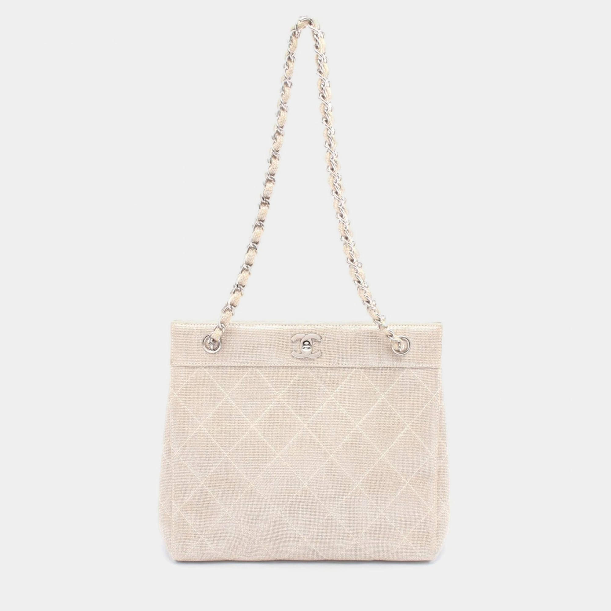 Pre Owned Chanel Matelasse Chain Shoulder Bag Linen Canvas Beige Shw
