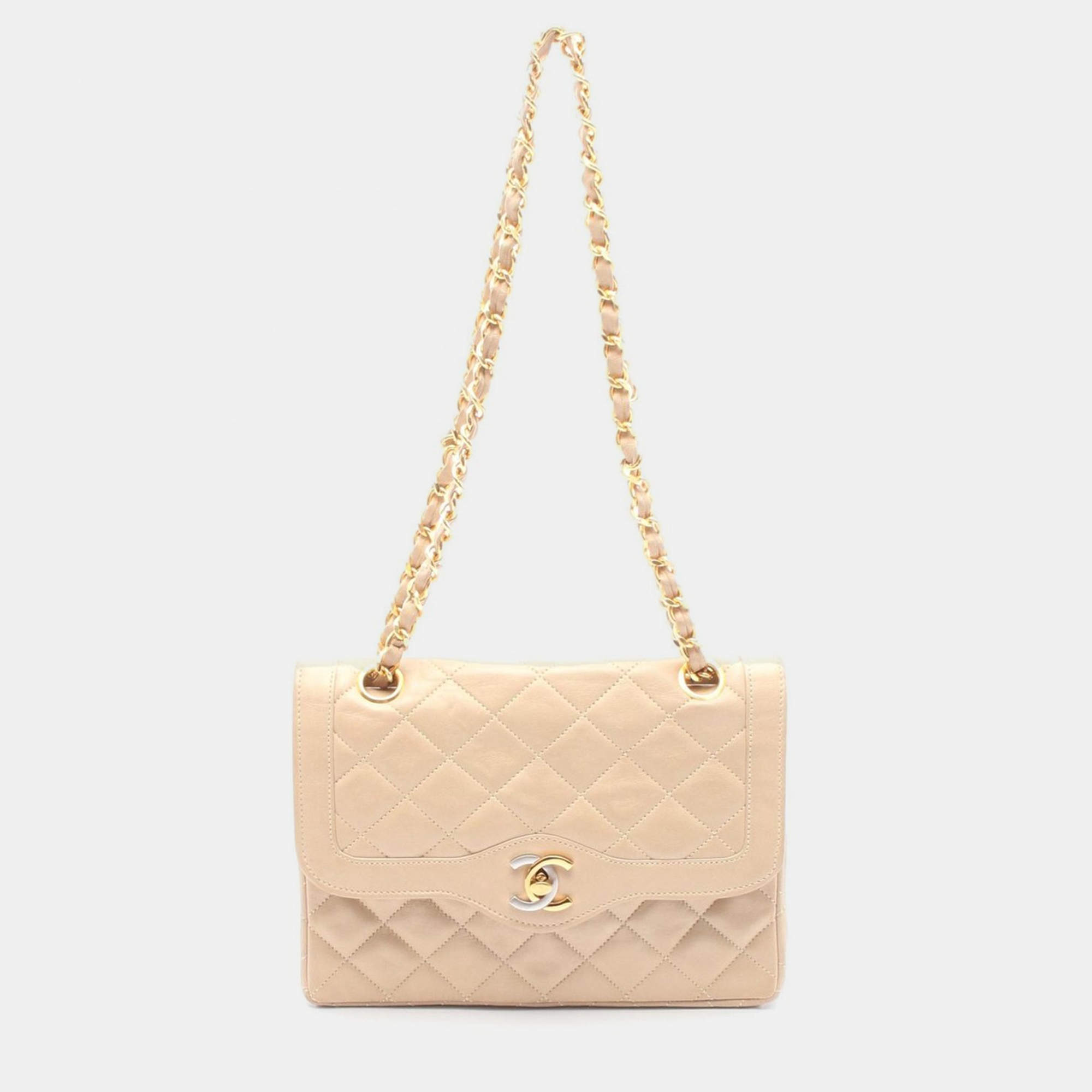 Pre Owned Chanel Matelasse Paris Limited W Flap Chain Shoulder Bag Leather Beige Coco Cc