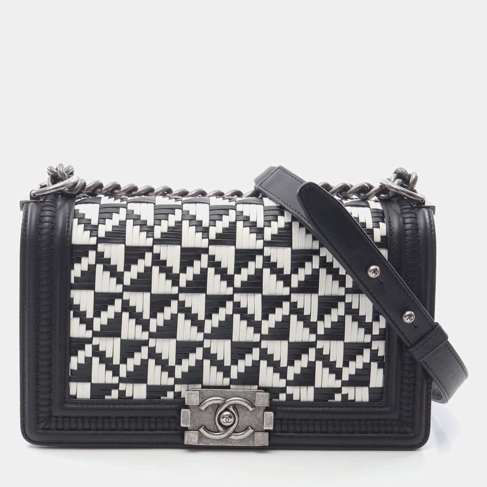 Chanel Boy Chanel Chain Shoulder Bag Lamb Sheep Leather Black White